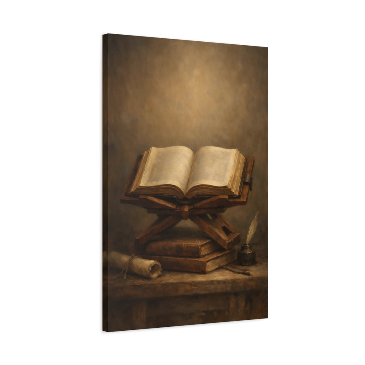 Side Mockup 2. Vintage Open Book Vintage Books Still Life shown as stretched canvas wall art
