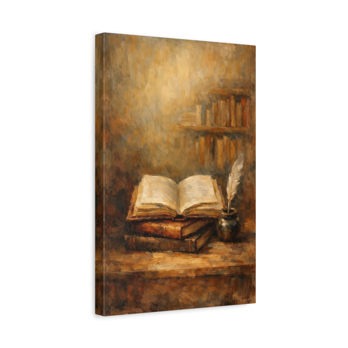 Side Mockup 4. Vintage Open Book Vintage Study Scene shown as stretched canvas wall art