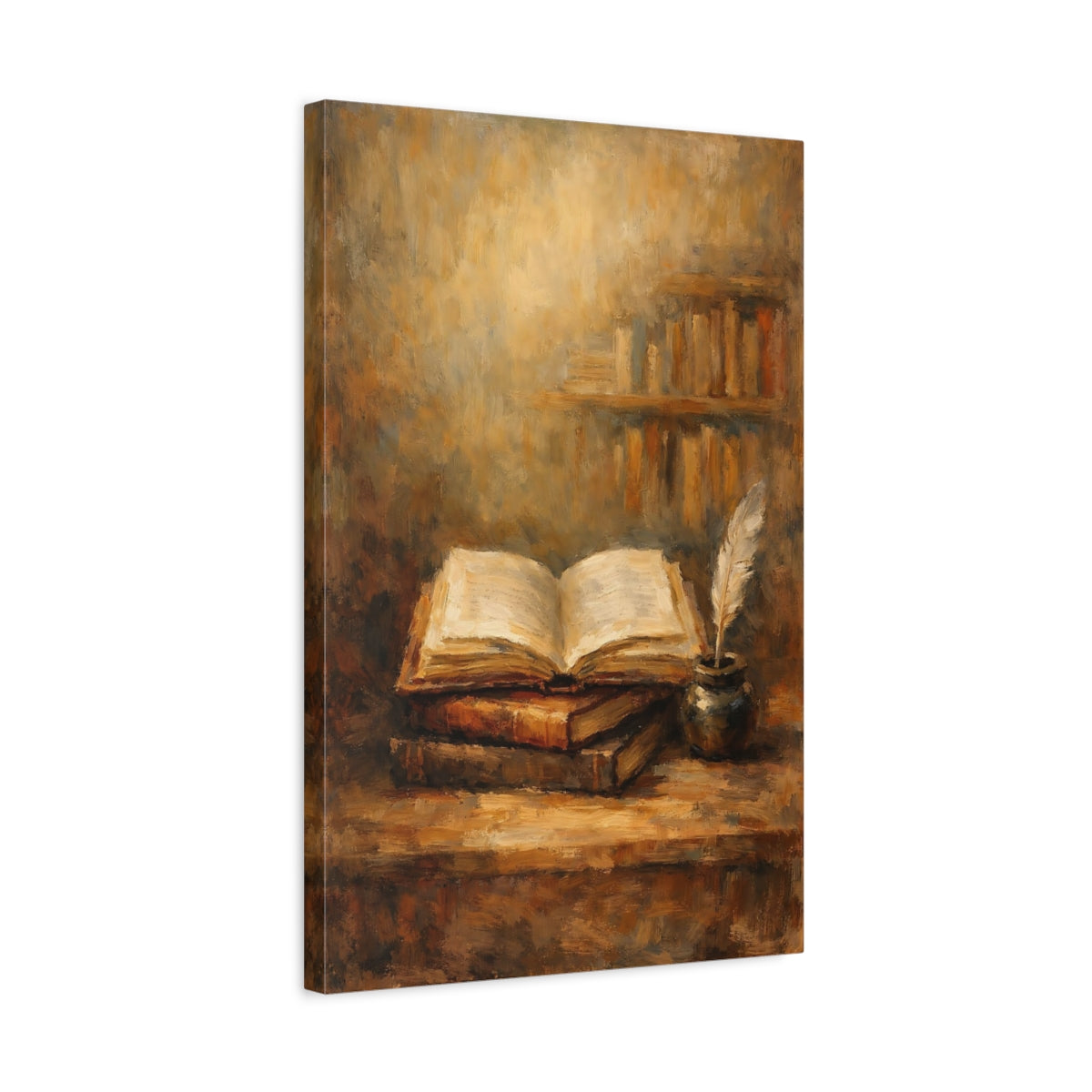 Side Mockup 3. Vintage Open Book Vintage Study Scene shown as stretched canvas wall art