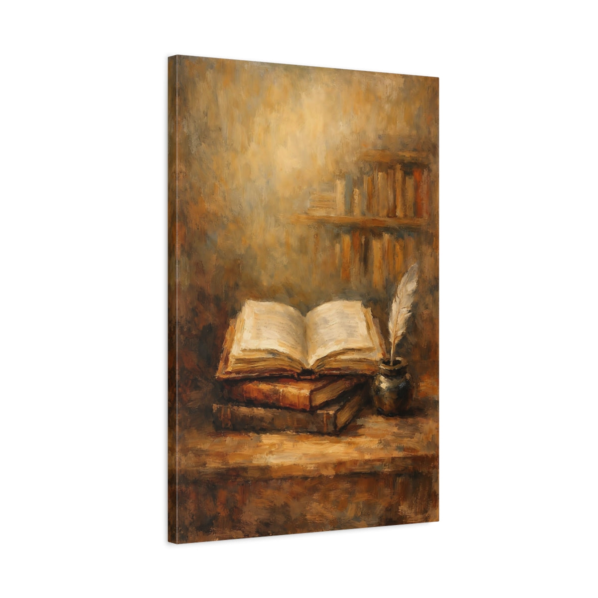 Side Mockup 2. Vintage Open Book Vintage Study Scene shown as stretched canvas wall art