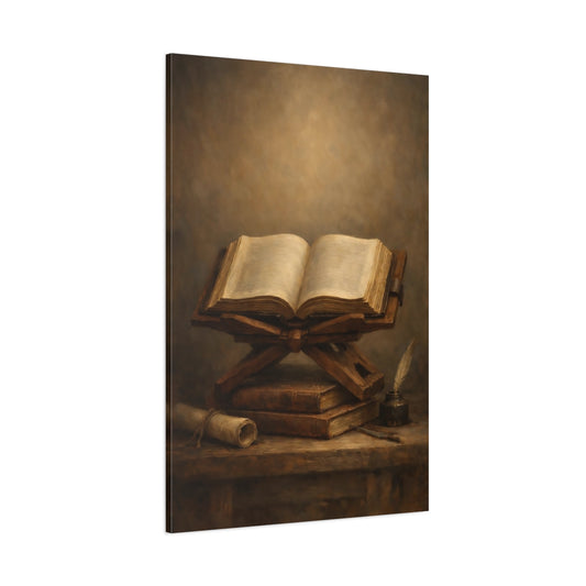 Main Mockup. Vintage Open Book Vintage Books Still Life shown as stretched canvas wall art