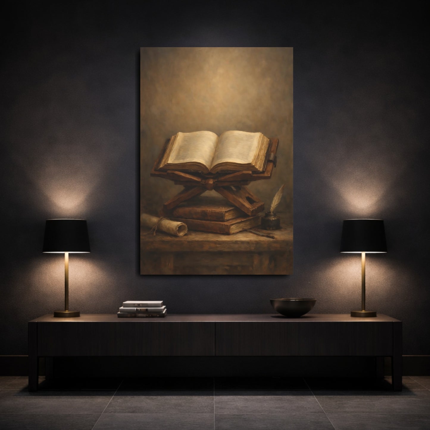 Mockup 2. Vintage Open Book Vintage Books Still Life shown as stretched canvas wall art