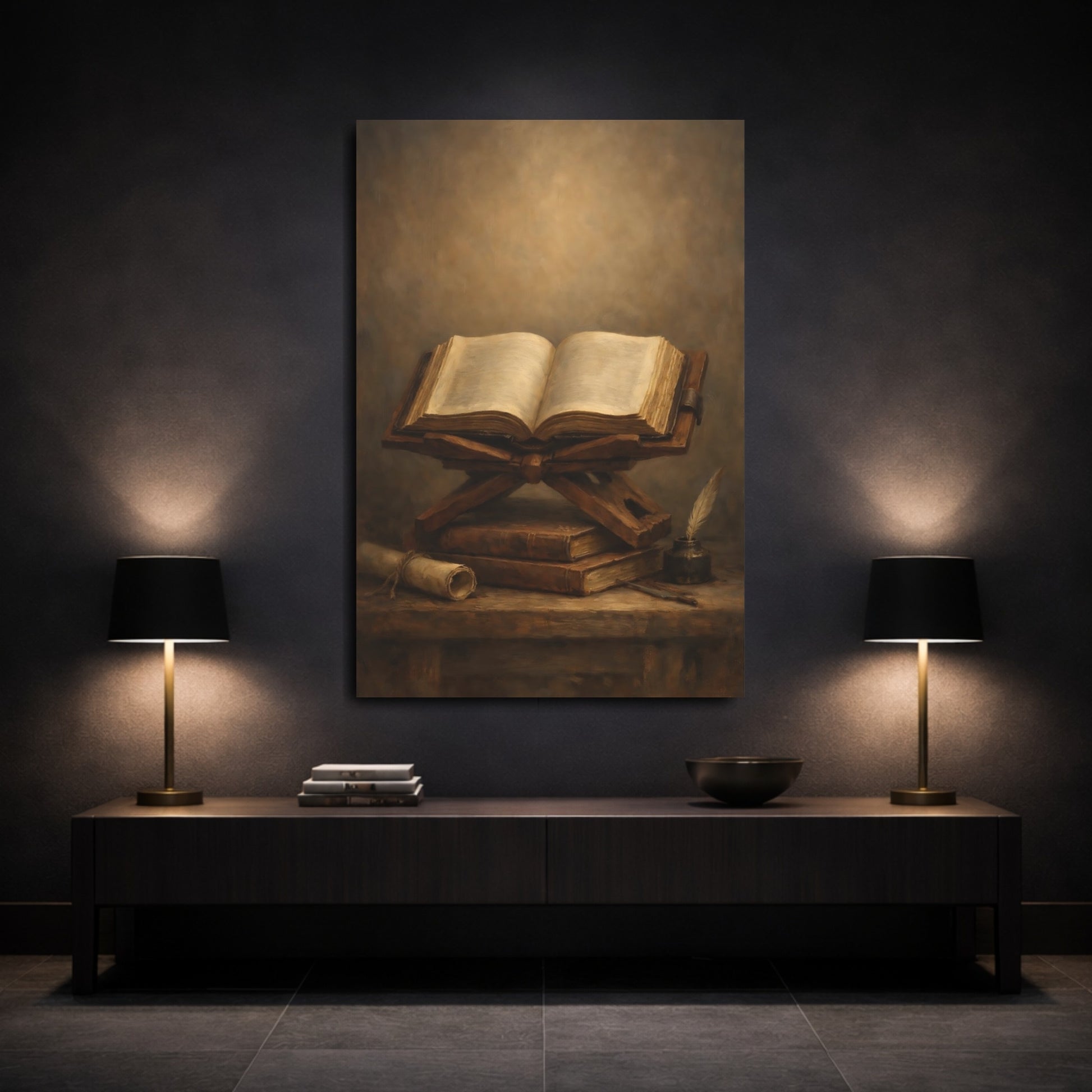 Mockup 2. Vintage Open Book Vintage Books Still Life shown as stretched canvas wall art