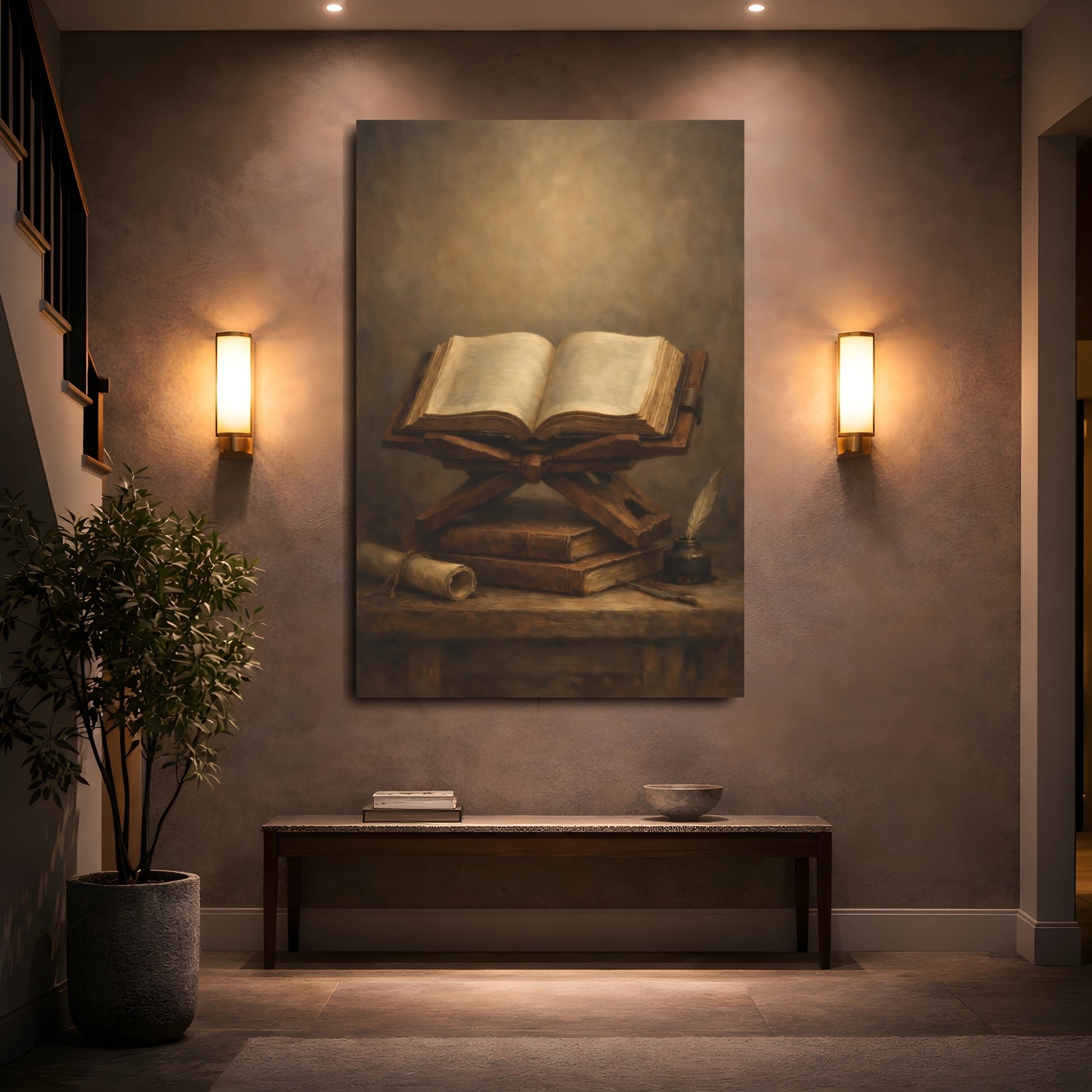 Mockup 4. Vintage Open Book Vintage Books Still Life shown as stretched canvas wall art