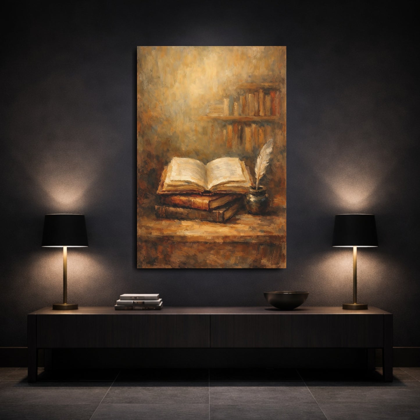 Mockup 2. Vintage Open Book Vintage Study Scene shown as stretched canvas wall art