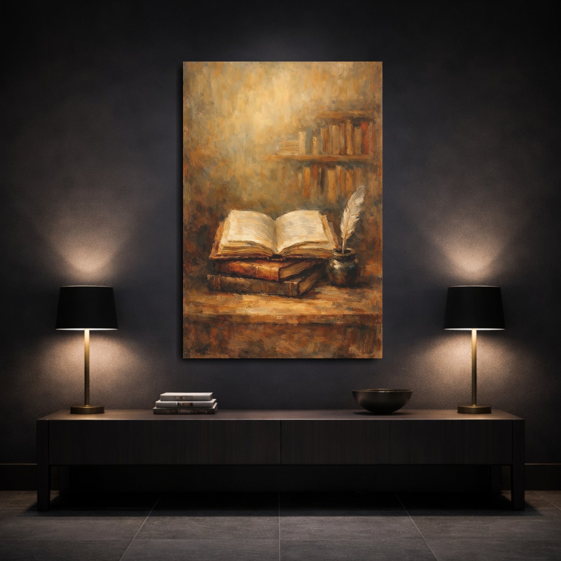 Mockup 2. Vintage Open Book Vintage Study Scene shown as stretched canvas wall art