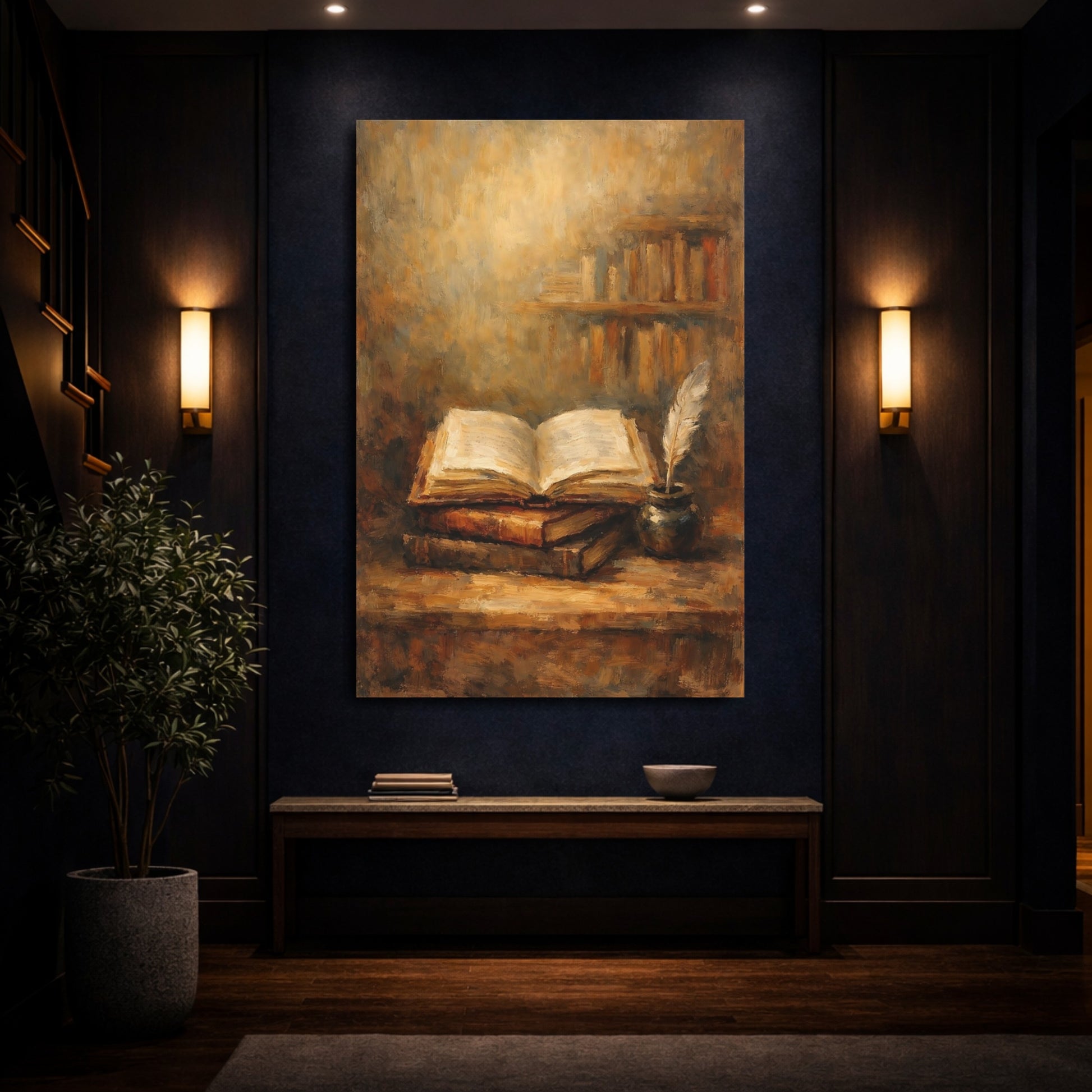 Mockup 3. Vintage Open Book Vintage Study Scene shown as stretched canvas wall art
