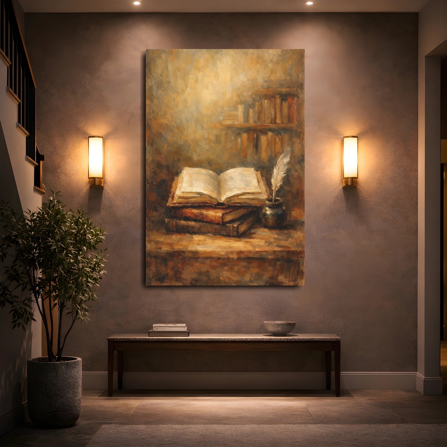 Mockup 4. Vintage Open Book Vintage Study Scene shown as stretched canvas wall art