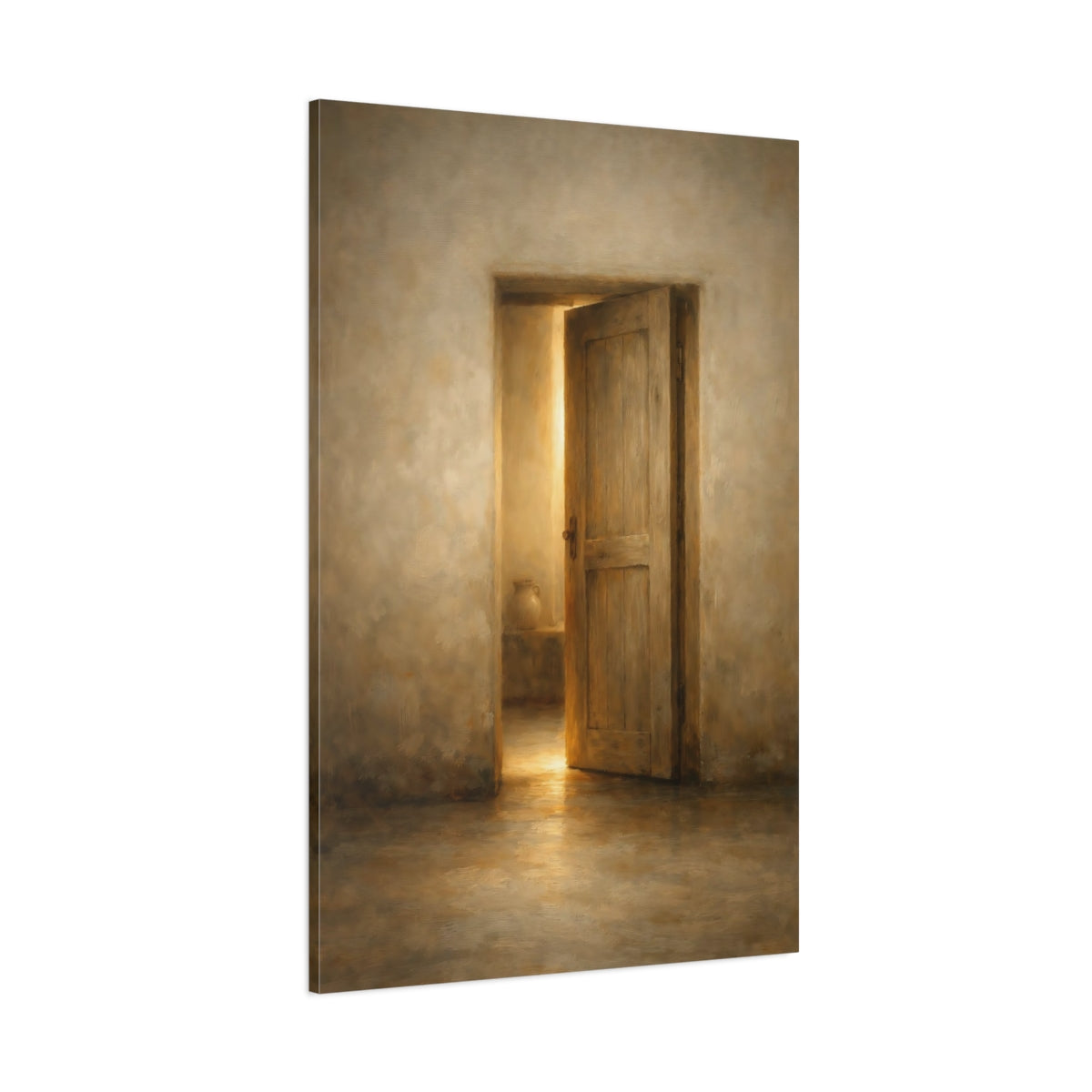 Main Mockup. Vintage Open Door Warm Brown Door shown as stretched canvas wall art