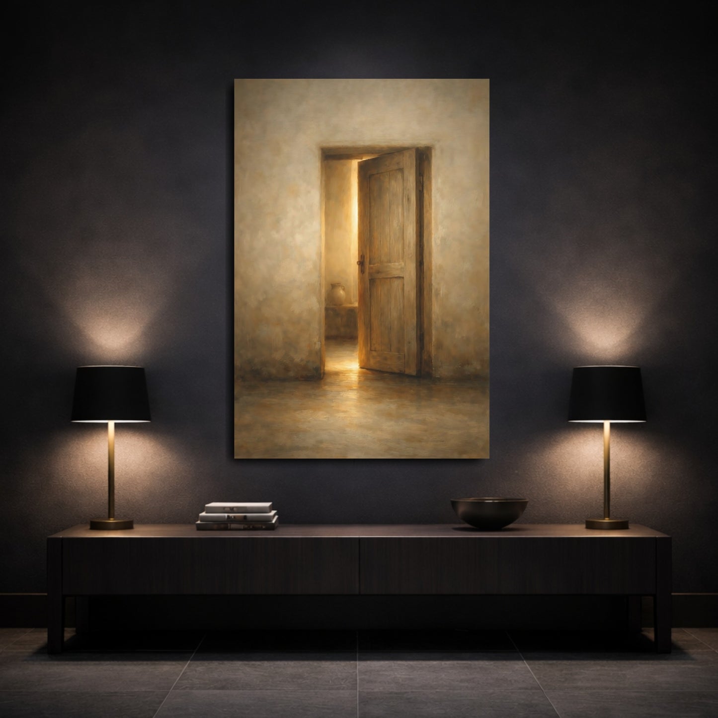 Mockup 2. Vintage Open Door Warm Brown Door shown as stretched canvas wall art
