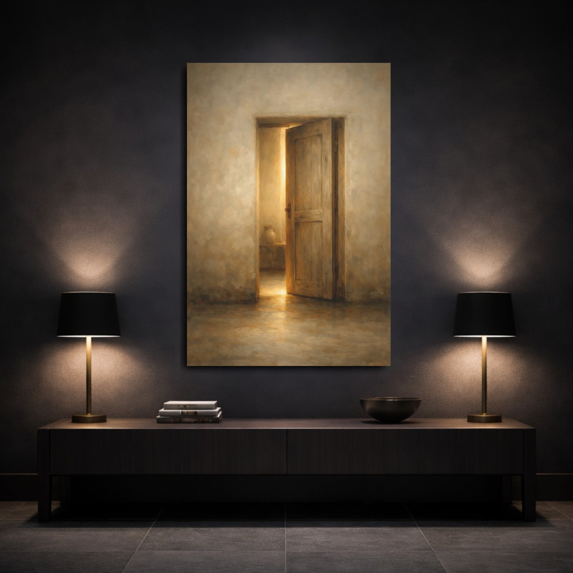Mockup 2. Vintage Open Door Warm Brown Door shown as stretched canvas wall art