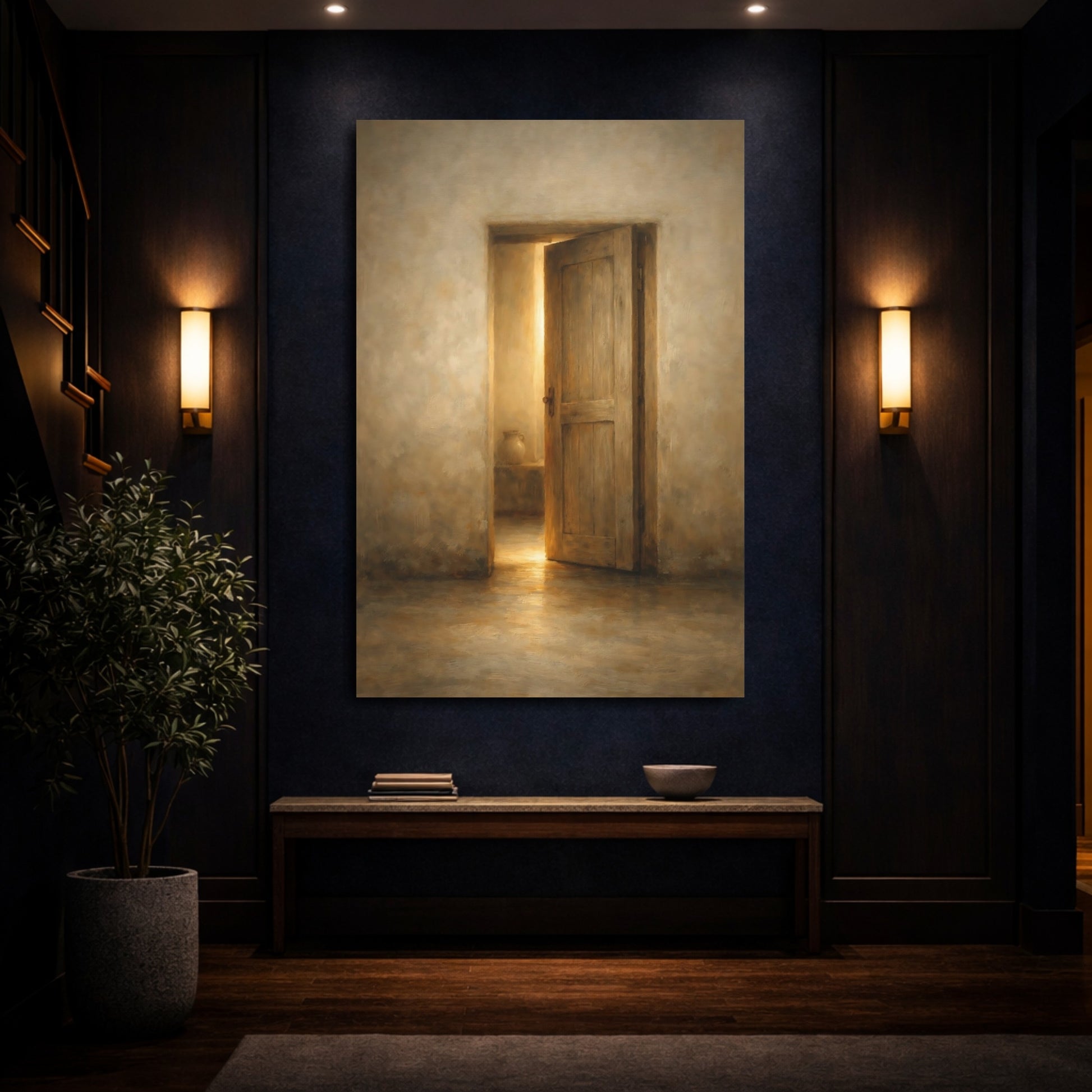 Mockup 3. Vintage Open Door Warm Brown Door shown as stretched canvas wall art