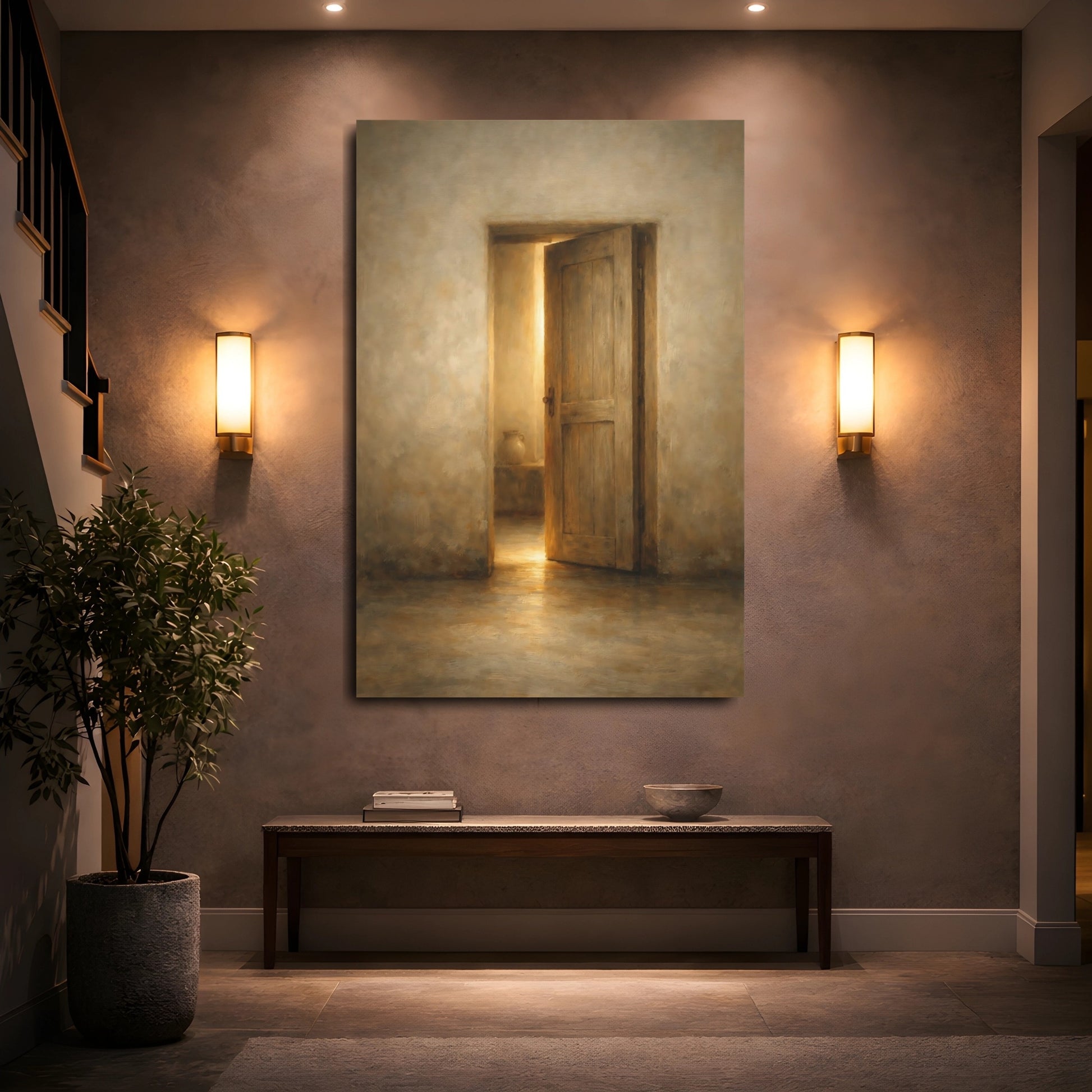 Mockup 4. Vintage Open Door Warm Brown Door shown as stretched canvas wall art
