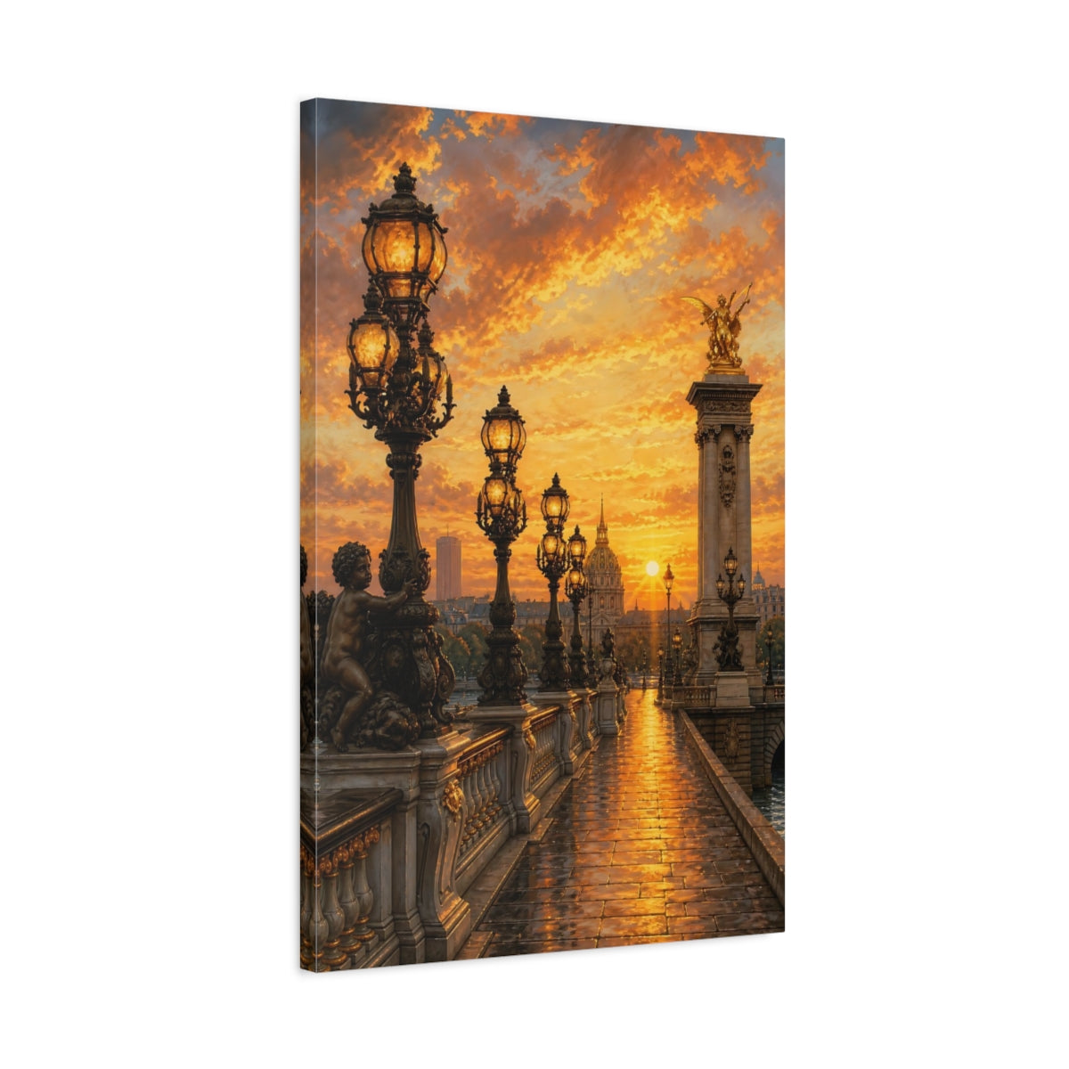 Side Mockup 2. Vintage Ornate Bridge Golden Sunset shown as stretched canvas wall art