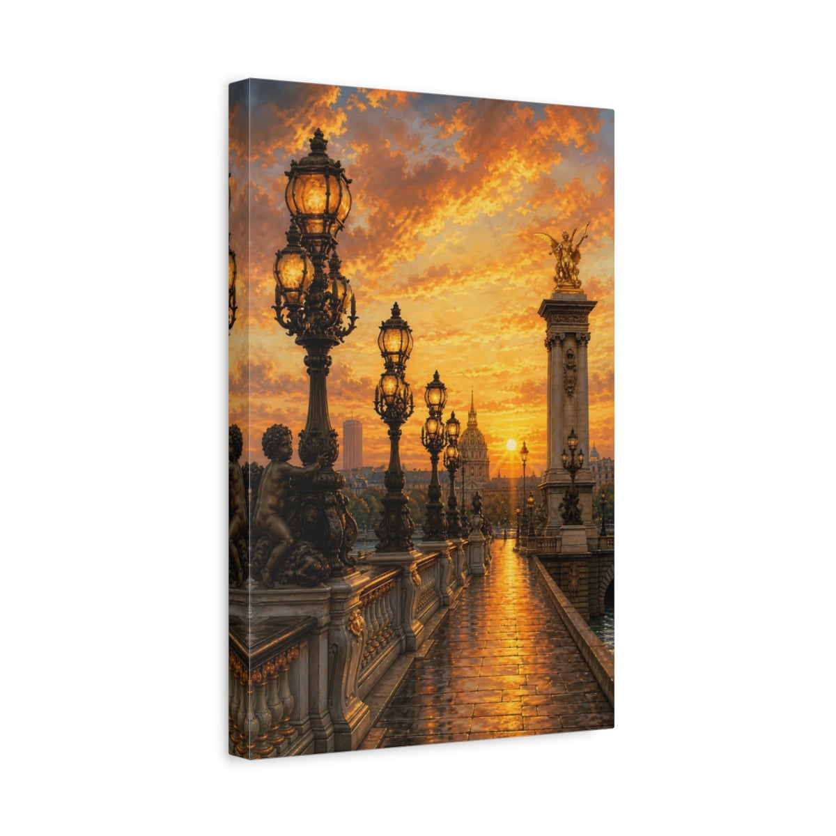 Side Mockup 4. Vintage Ornate Bridge Golden Sunset shown as stretched canvas wall art