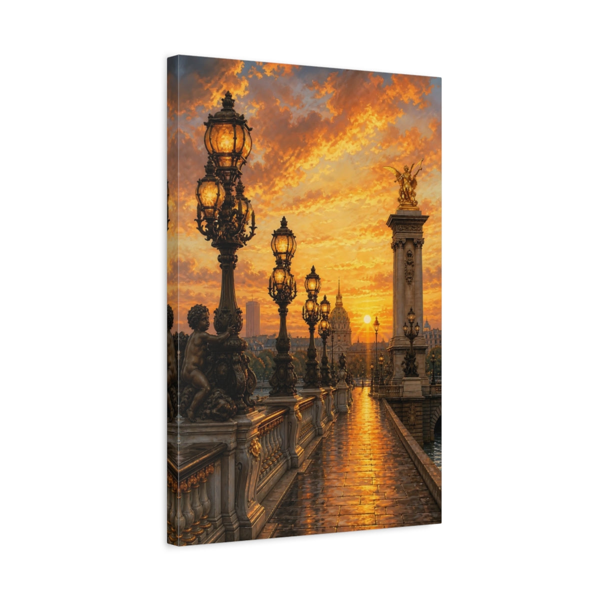 Side Mockup 3. Vintage Ornate Bridge Golden Sunset shown as stretched canvas wall art