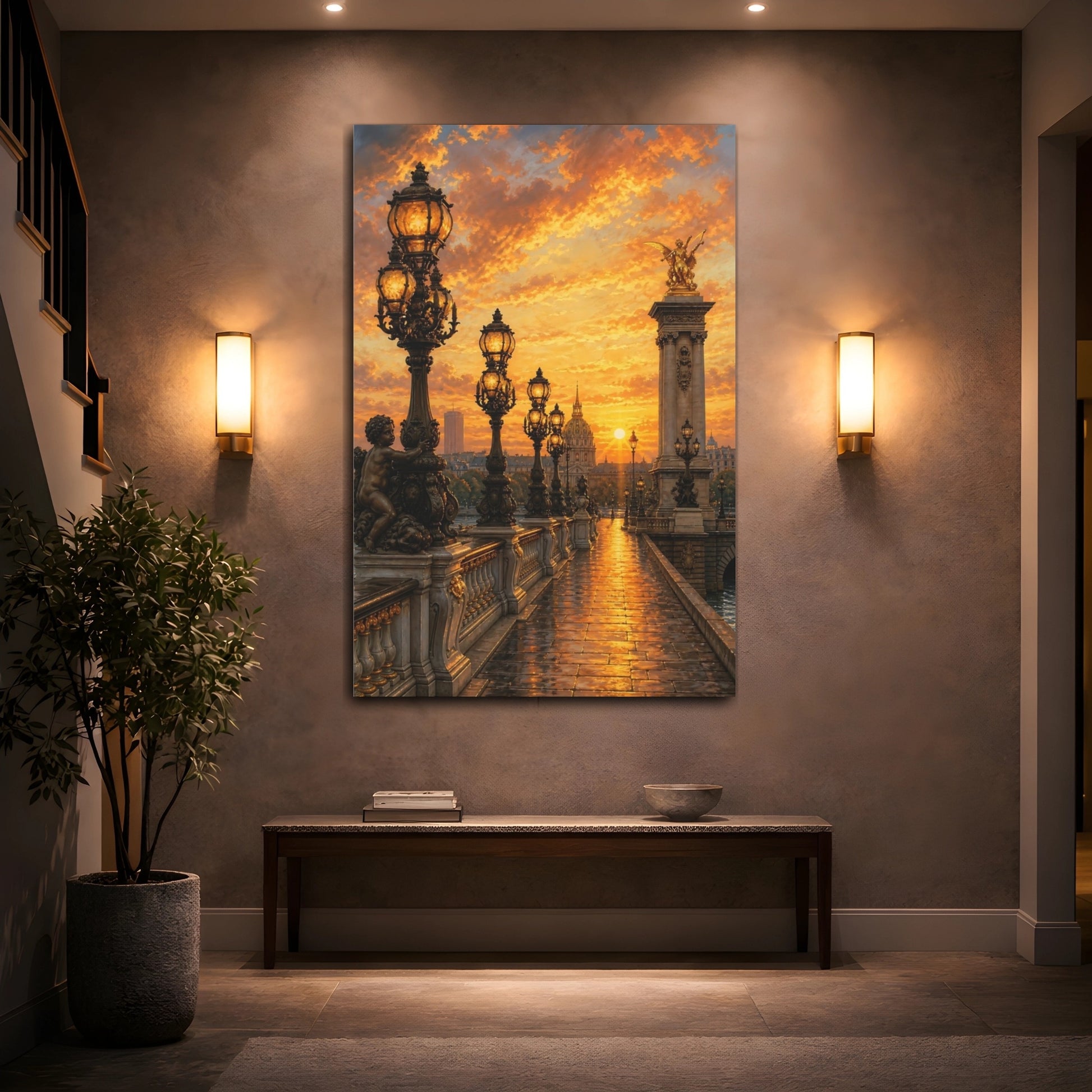 Mockup 2. Vintage Ornate Bridge Golden Sunset shown as stretched canvas wall art