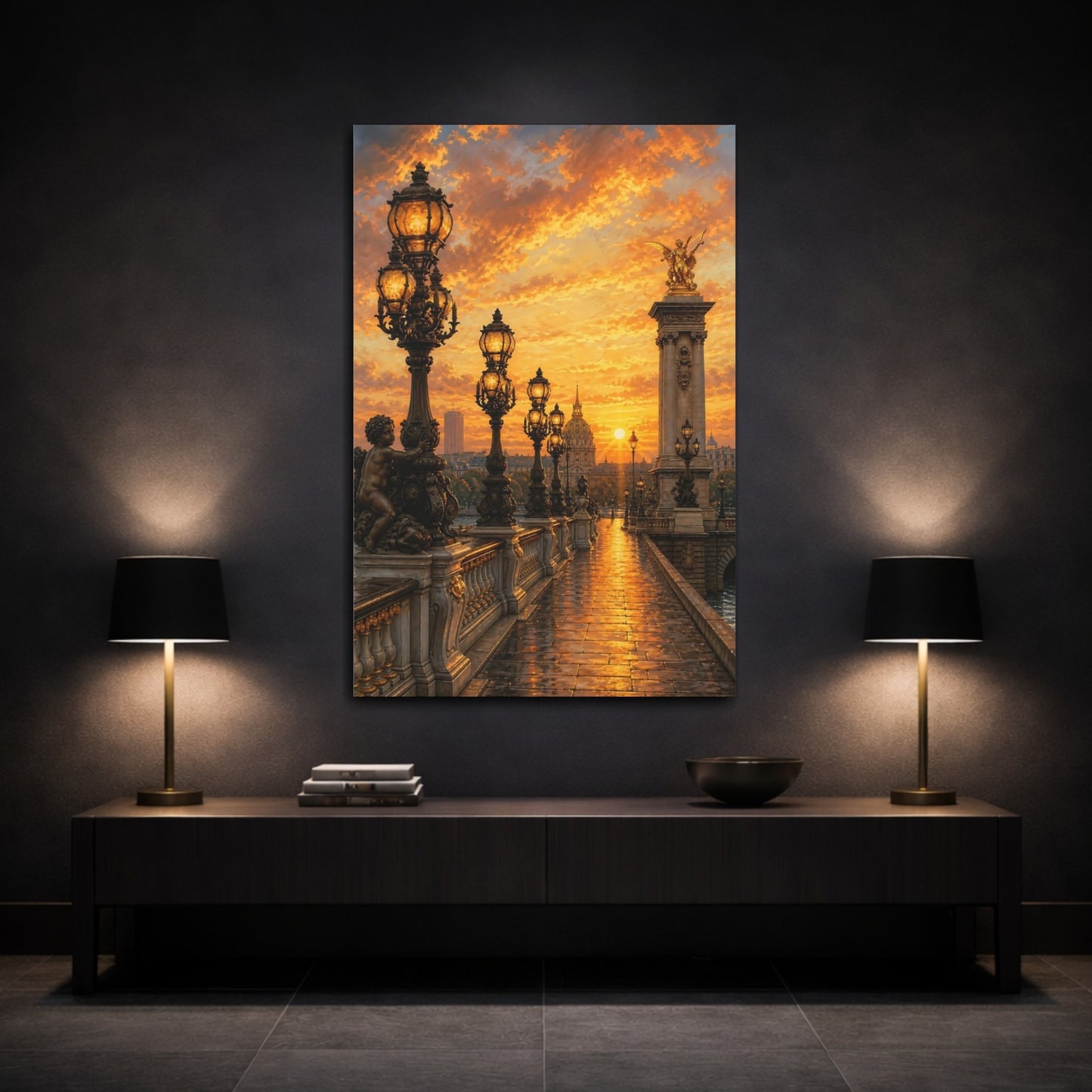 Mockup 3. Vintage Ornate Bridge Golden Sunset shown as stretched canvas wall art
