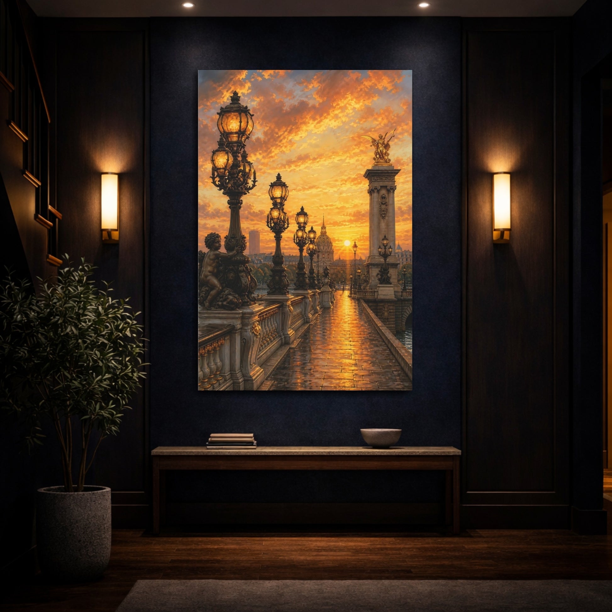 Mockup 4. Vintage Ornate Bridge Golden Sunset shown as stretched canvas wall art