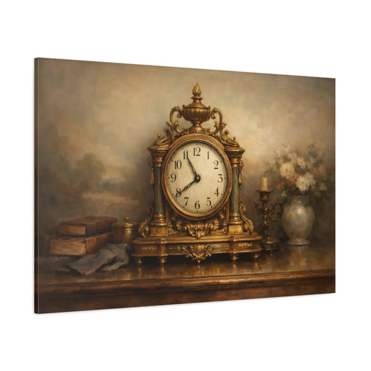 Main Mockup. Vintage Ornate Clock Gold And Brown shown as stretched canvas wall art