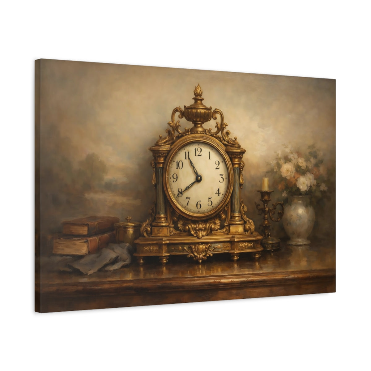 Side Mockup 2. Vintage Ornate Clock Gold And Brown shown as stretched canvas wall art