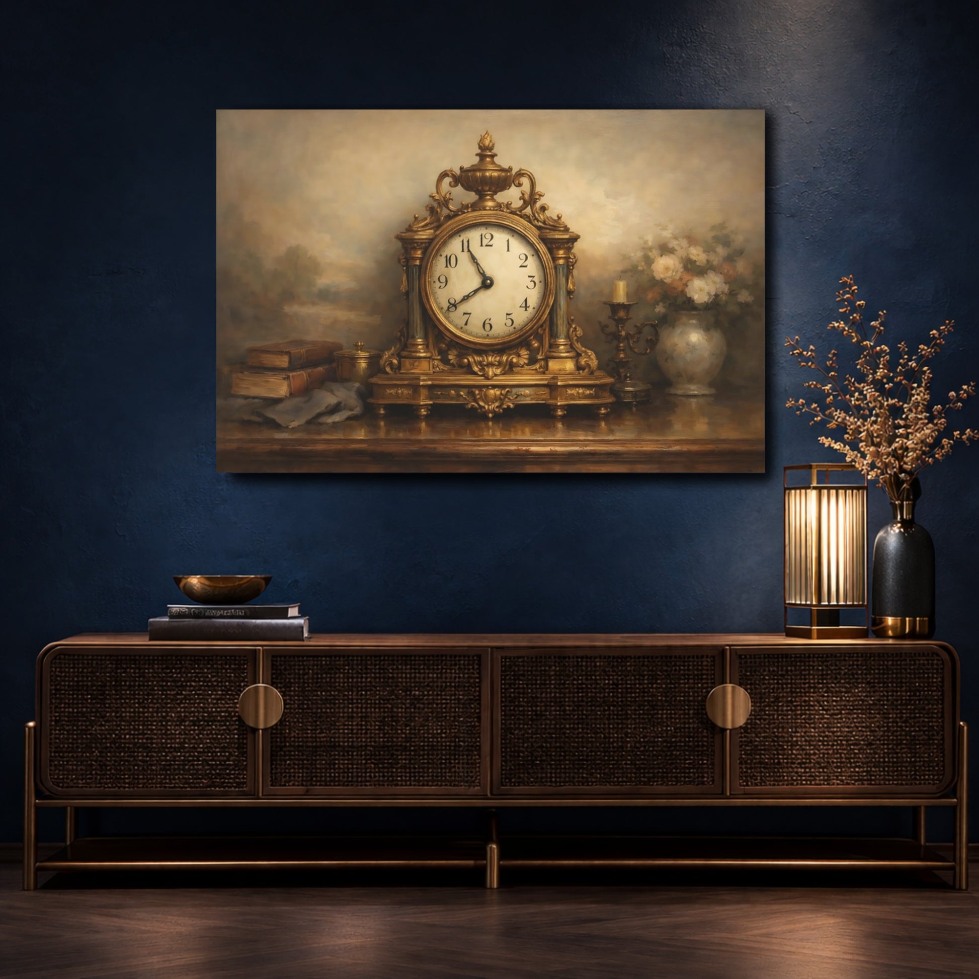 Mockup 4. Vintage Ornate Clock Gold And Brown shown as stretched canvas wall art