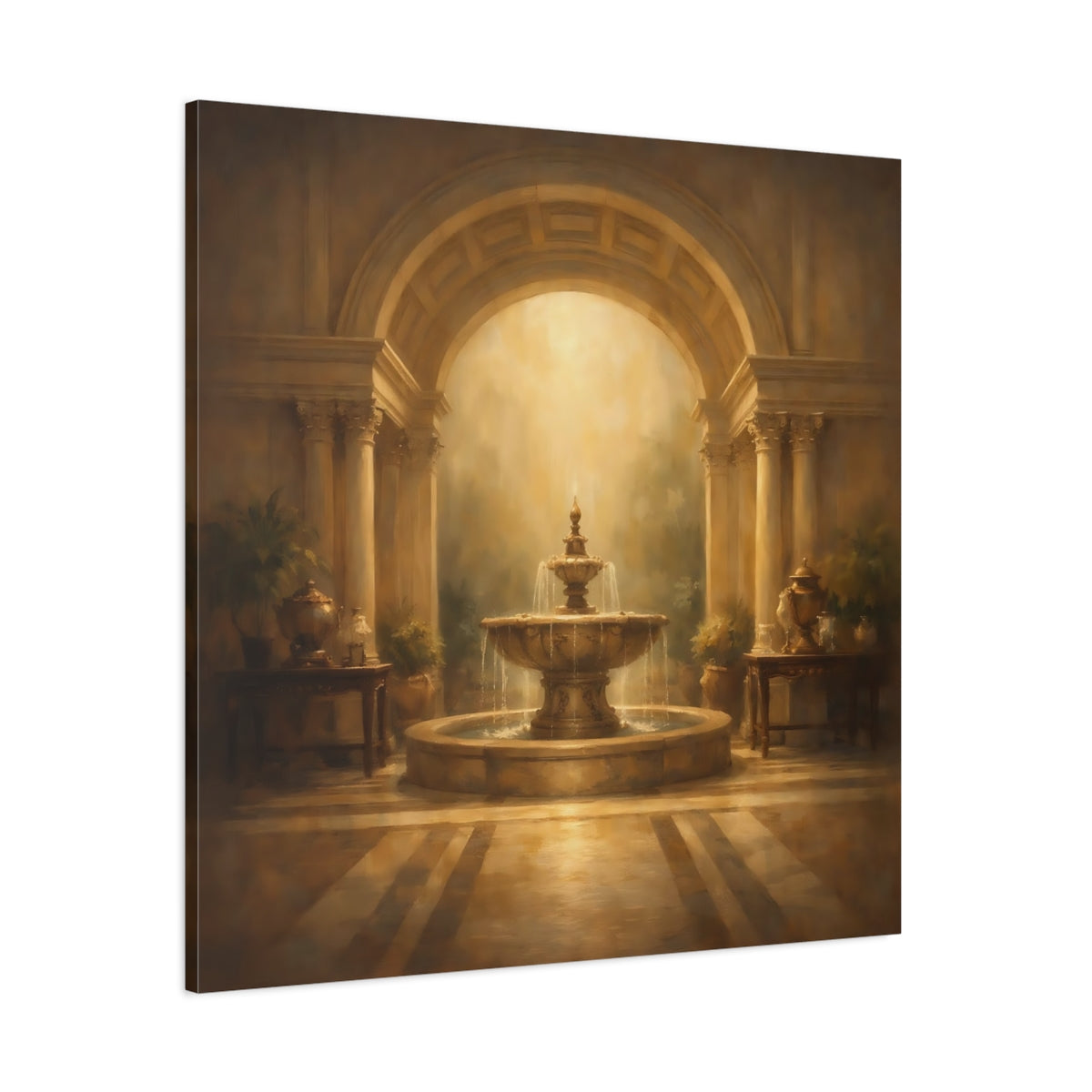 Main Mockup. Vintage Ornate Fountain Golden Fountain shown as stretched canvas wall art