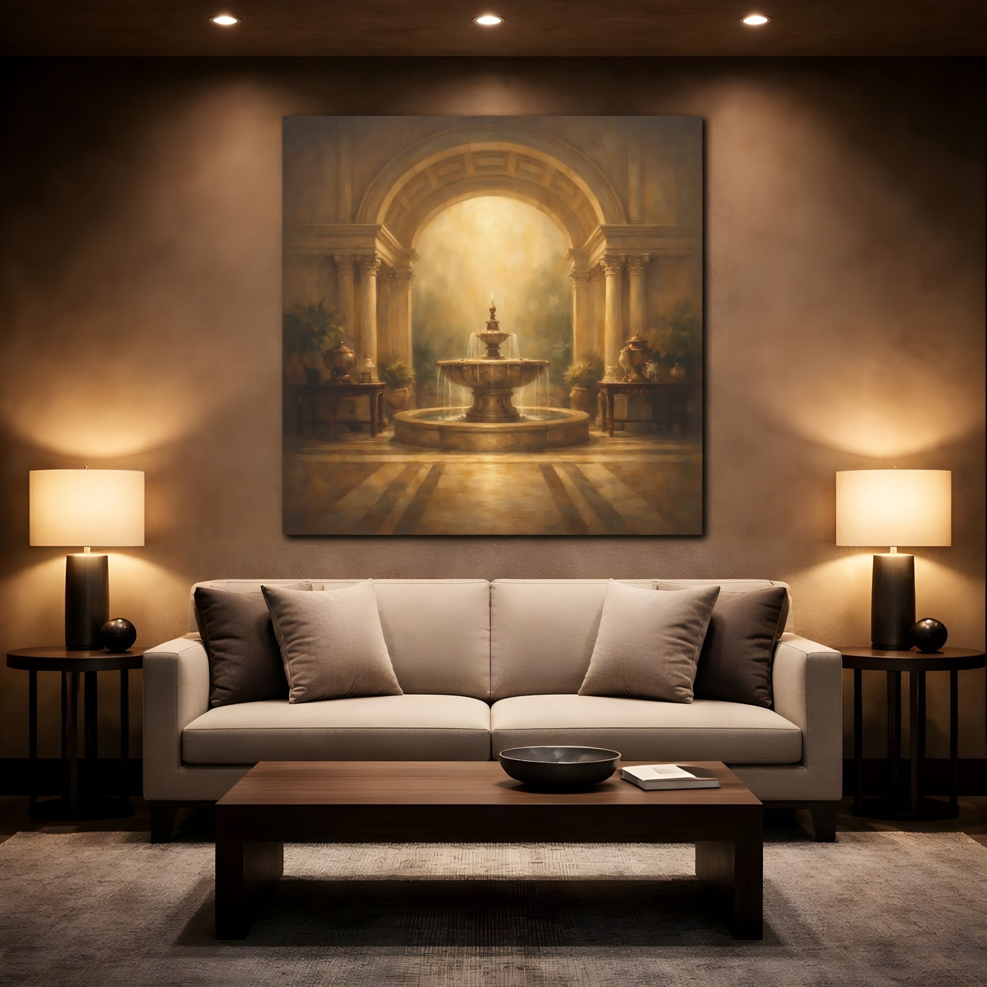 Mockup 2. Vintage Ornate Fountain Golden Fountain shown as stretched canvas wall art