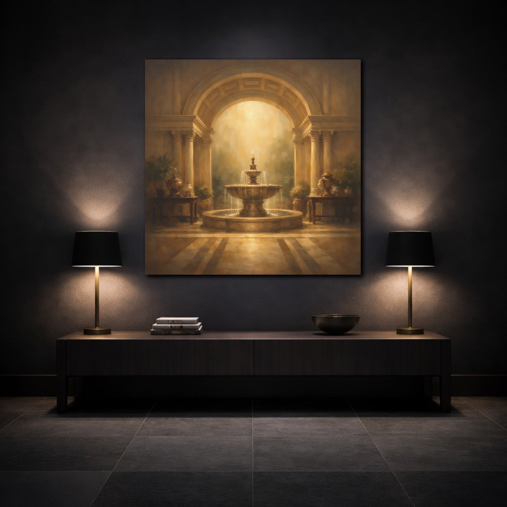 Mockup 3. Vintage Ornate Fountain Golden Fountain shown as stretched canvas wall art