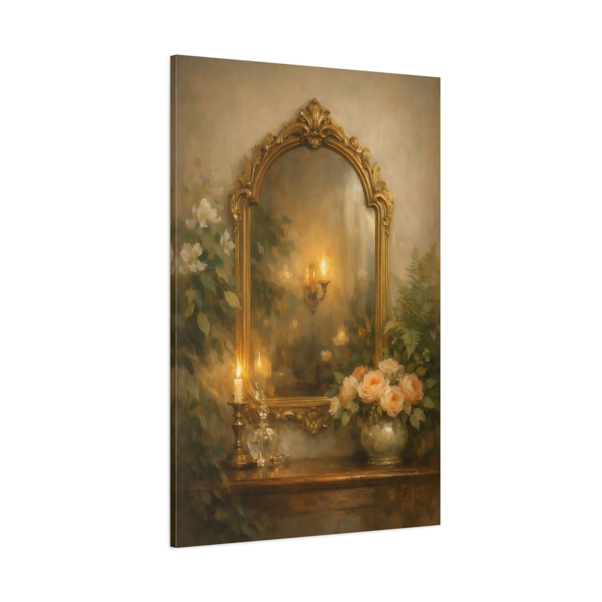 Main Mockup. Vintage Ornate Mirror Gold And Green shown as stretched canvas wall art