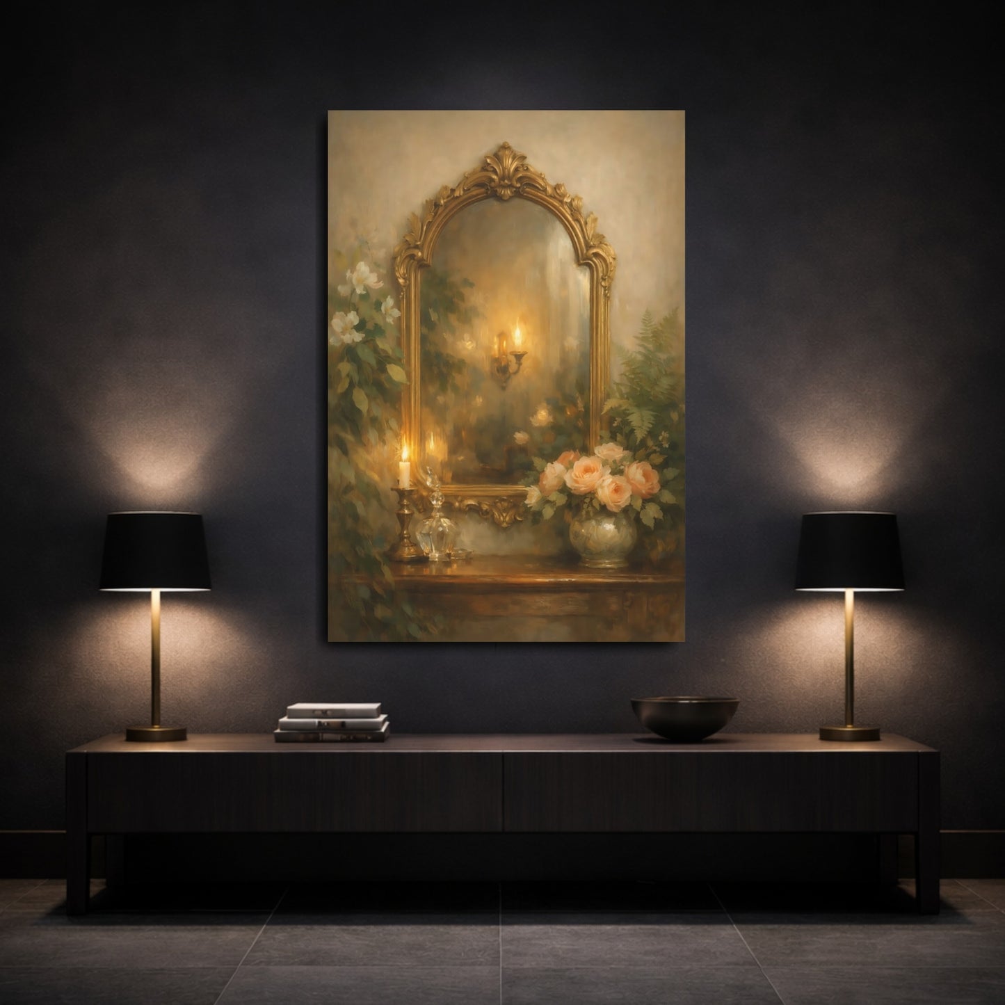 Mockup 2. Vintage Ornate Mirror Gold And Green shown as stretched canvas wall art