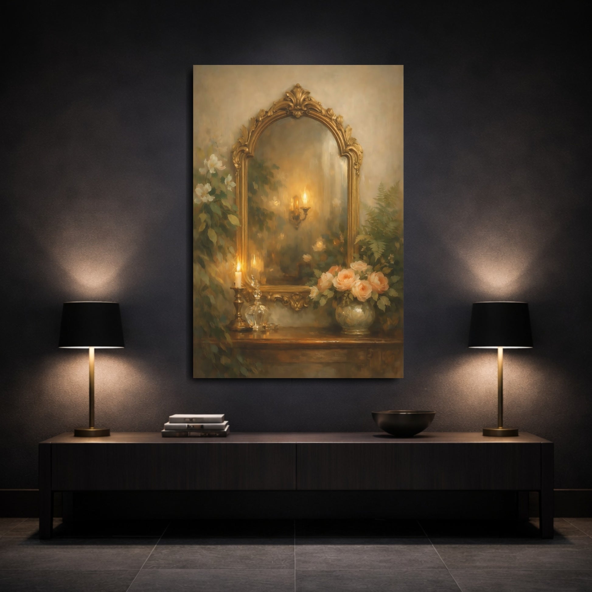 Mockup 2. Vintage Ornate Mirror Gold And Green shown as stretched canvas wall art