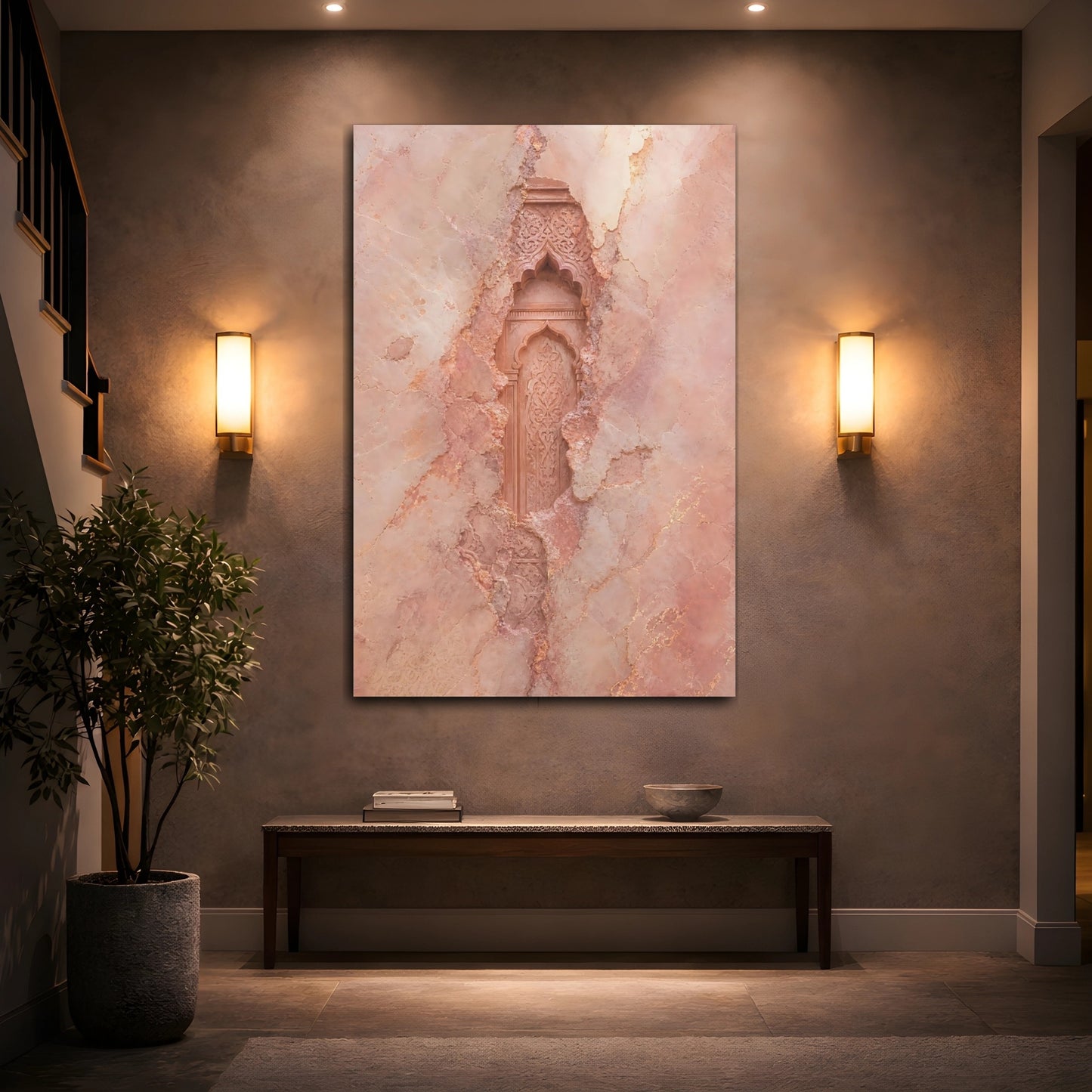 Mockup 2. Vintage Ornate Niche Rose Pink Ornate Wall shown as stretched canvas wall art