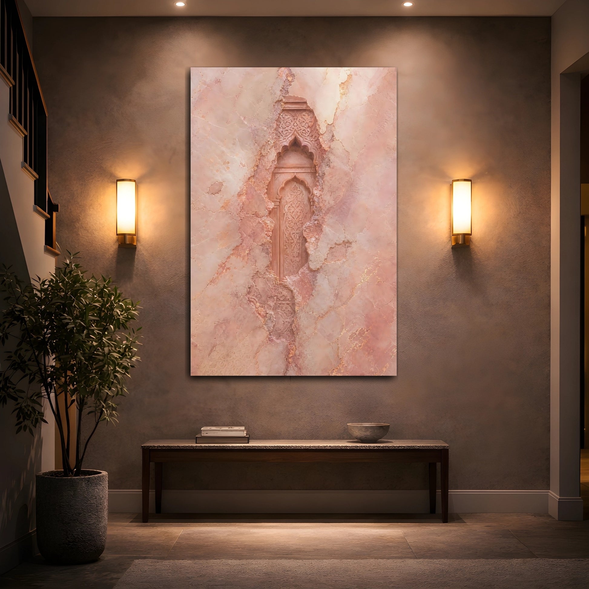 Mockup 2. Vintage Ornate Niche Rose Pink Ornate Wall shown as stretched canvas wall art