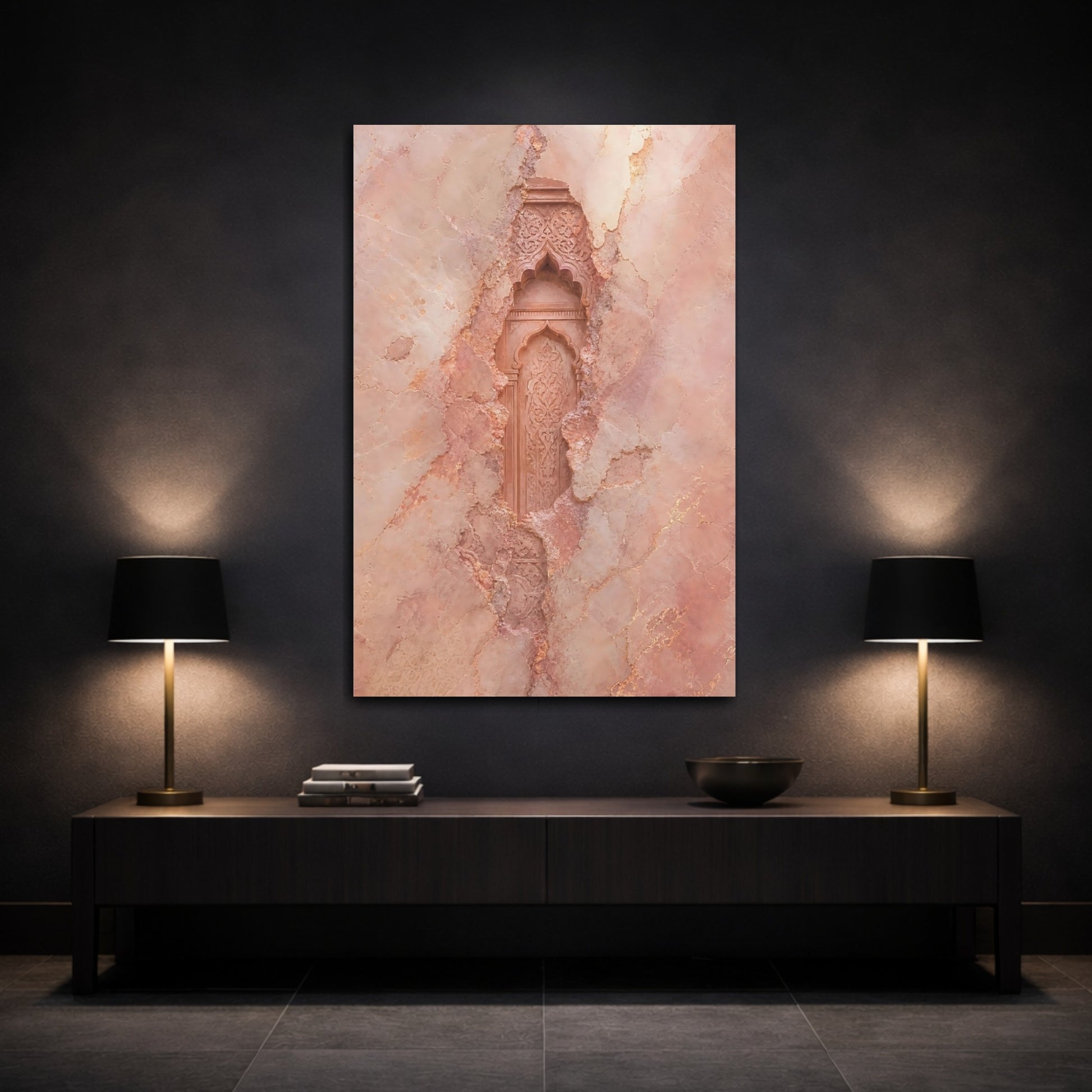 Mockup 3. Vintage Ornate Niche Rose Pink Ornate Wall shown as stretched canvas wall art