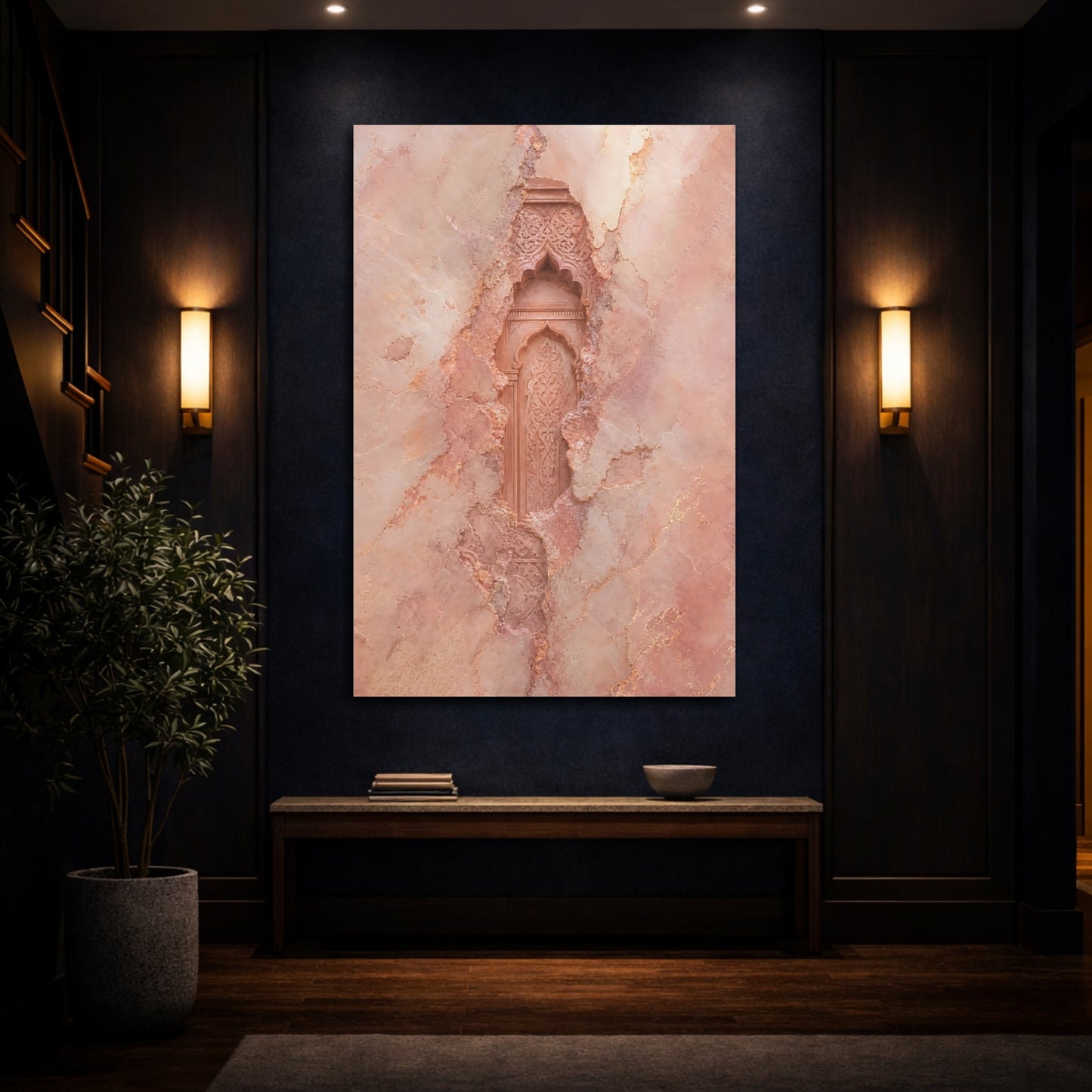 Mockup 4. Vintage Ornate Niche Rose Pink Ornate Wall shown as stretched canvas wall art