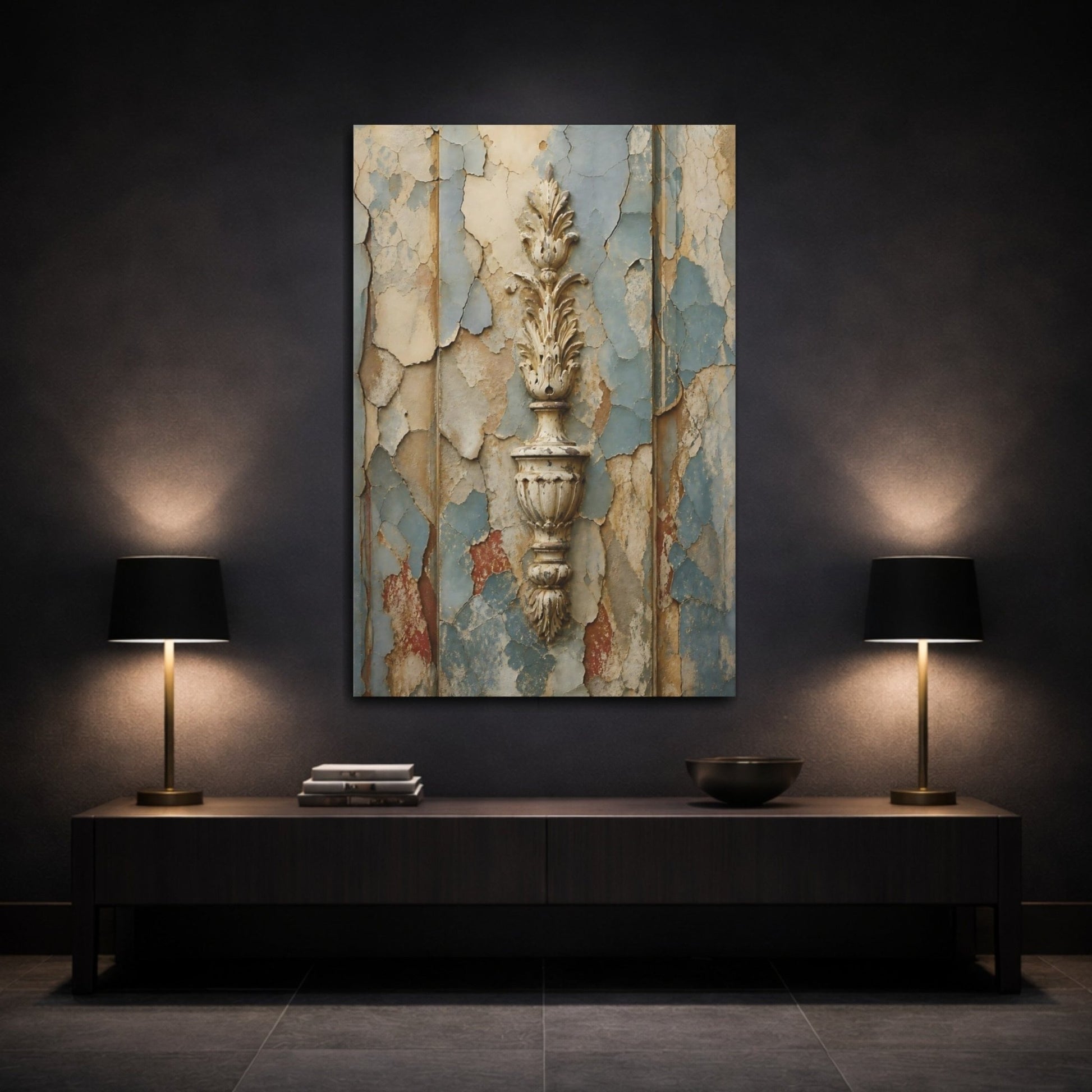 Vintage Ornate Ornament Faded Blue And Canvas Print – Living Room, Above Fireplace - YesArtYes