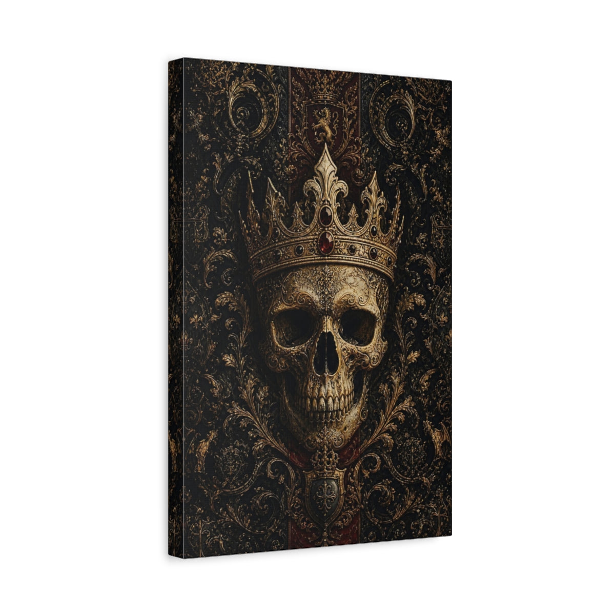 Side Mockup 4. Vintage Ornate Skull Gold And Black Skull shown as stretched canvas wall art