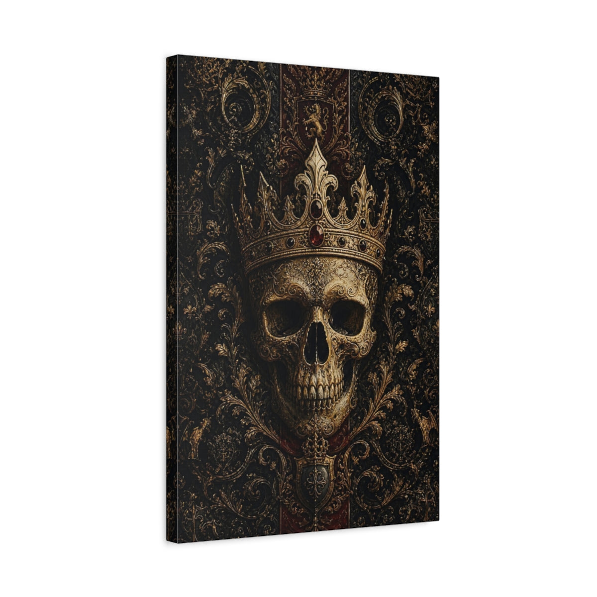 Side Mockup 3. Vintage Ornate Skull Gold And Black Skull shown as stretched canvas wall art