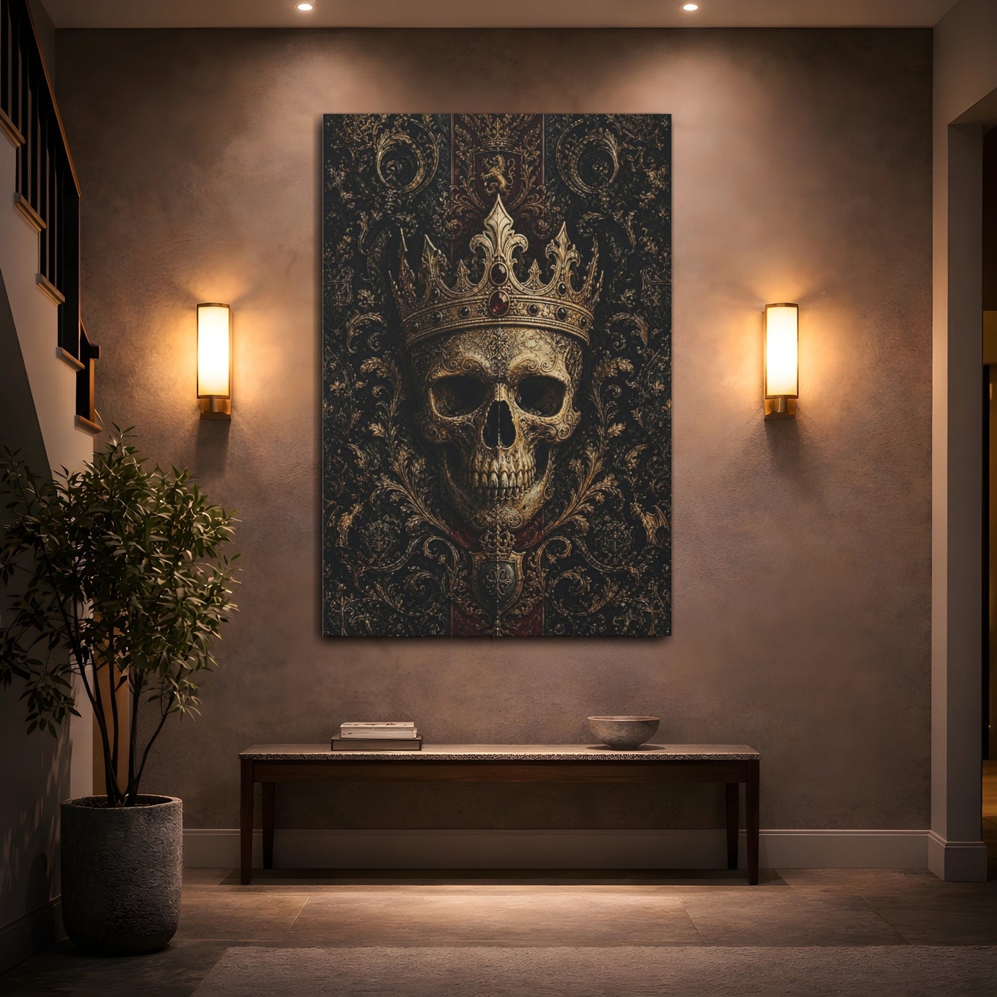 Mockup 2. Vintage Ornate Skull Gold And Black Skull shown as stretched canvas wall art