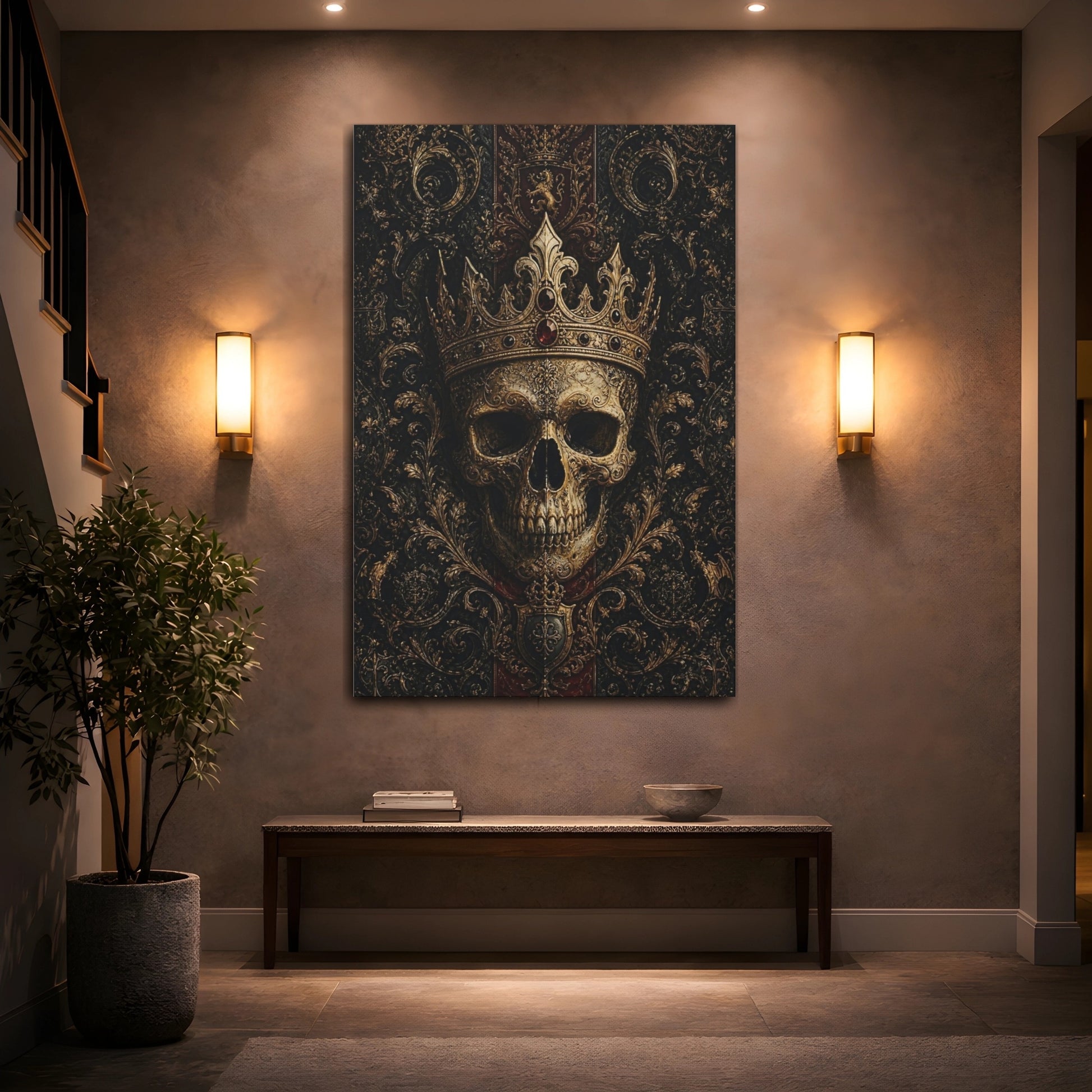 Mockup 2. Vintage Ornate Skull Gold And Black Skull shown as stretched canvas wall art