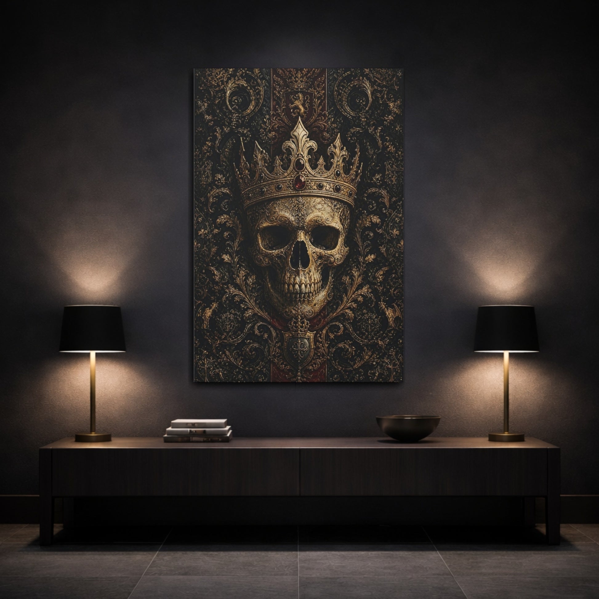 Mockup 3. Vintage Ornate Skull Gold And Black Skull shown as stretched canvas wall art