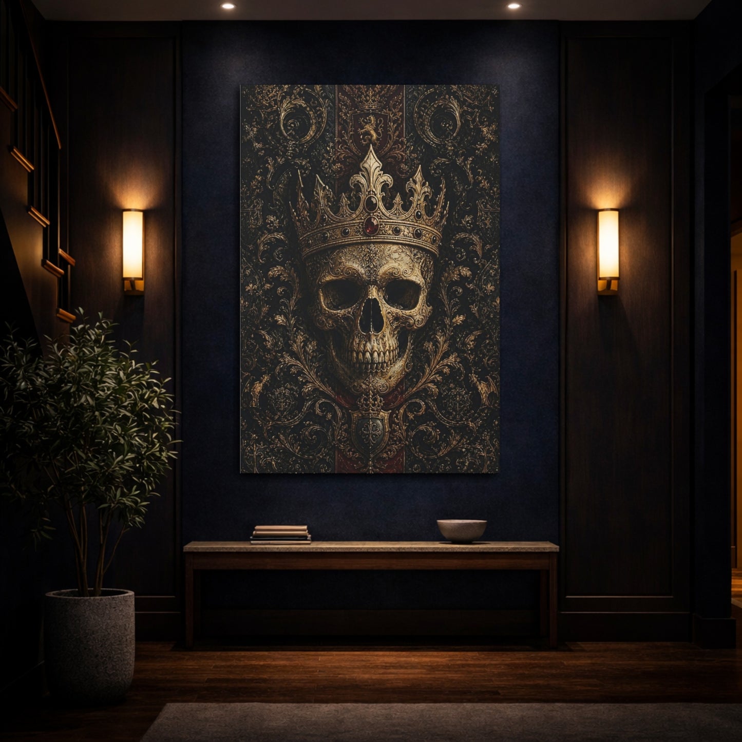 Mockup 4. Vintage Ornate Skull Gold And Black Skull shown as stretched canvas wall art