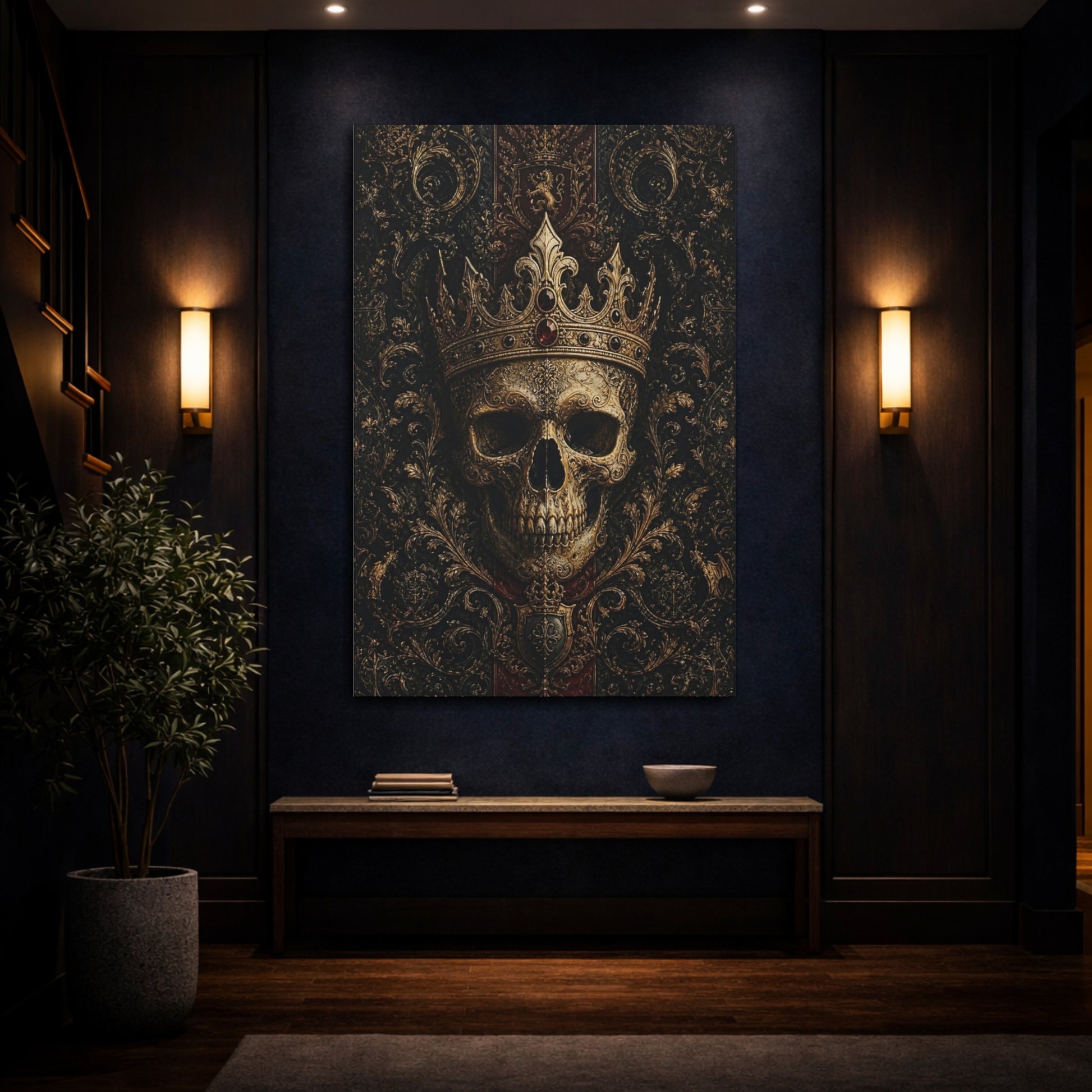 Mockup 4. Vintage Ornate Skull Gold And Black Skull shown as stretched canvas wall art