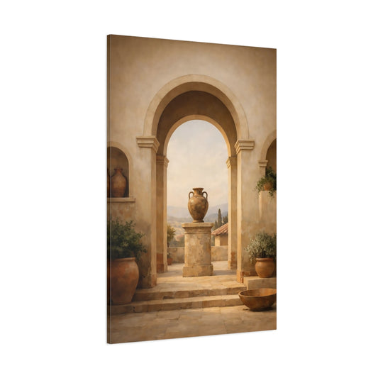 Vintage Ornate Urn Mediterranean Archway shown as stretched canvas wall art