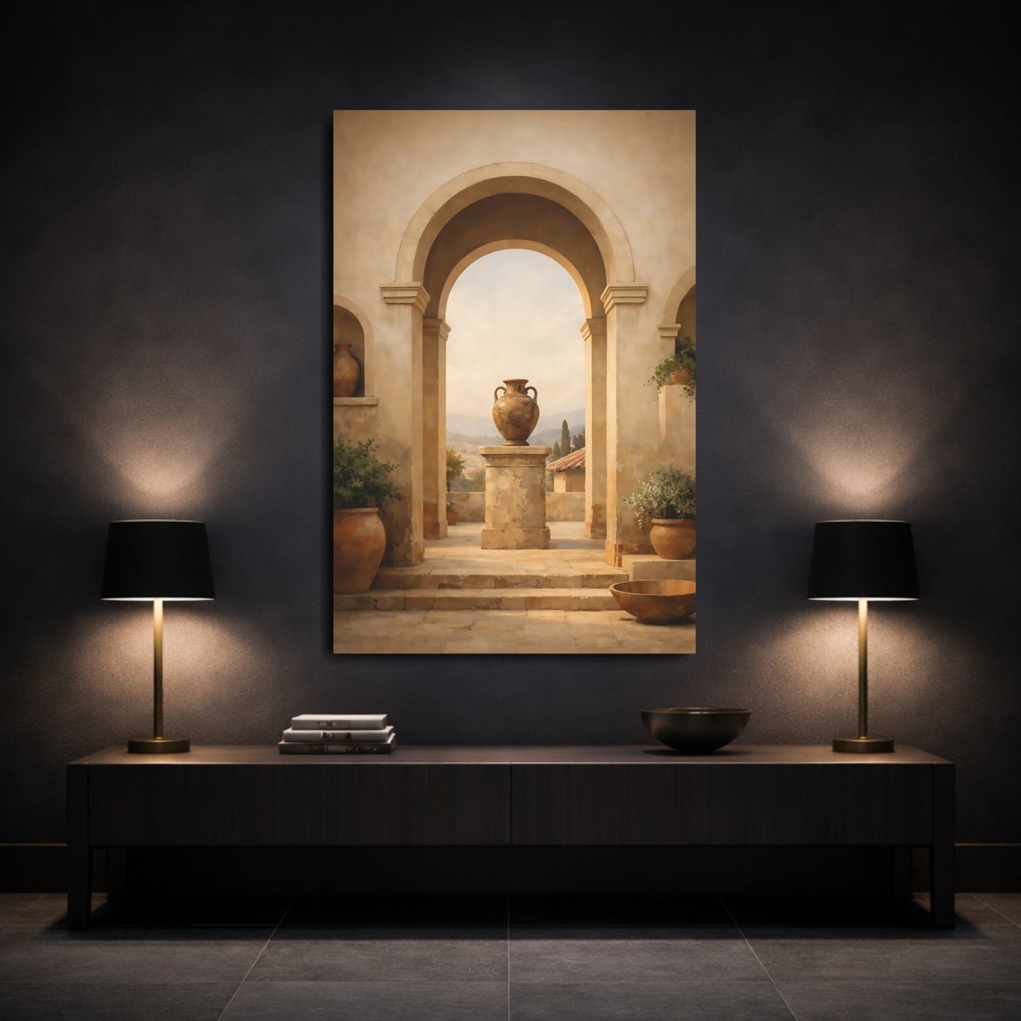 Vintage Ornate Urn Mediterranean Archway shown as front canvas room wall art