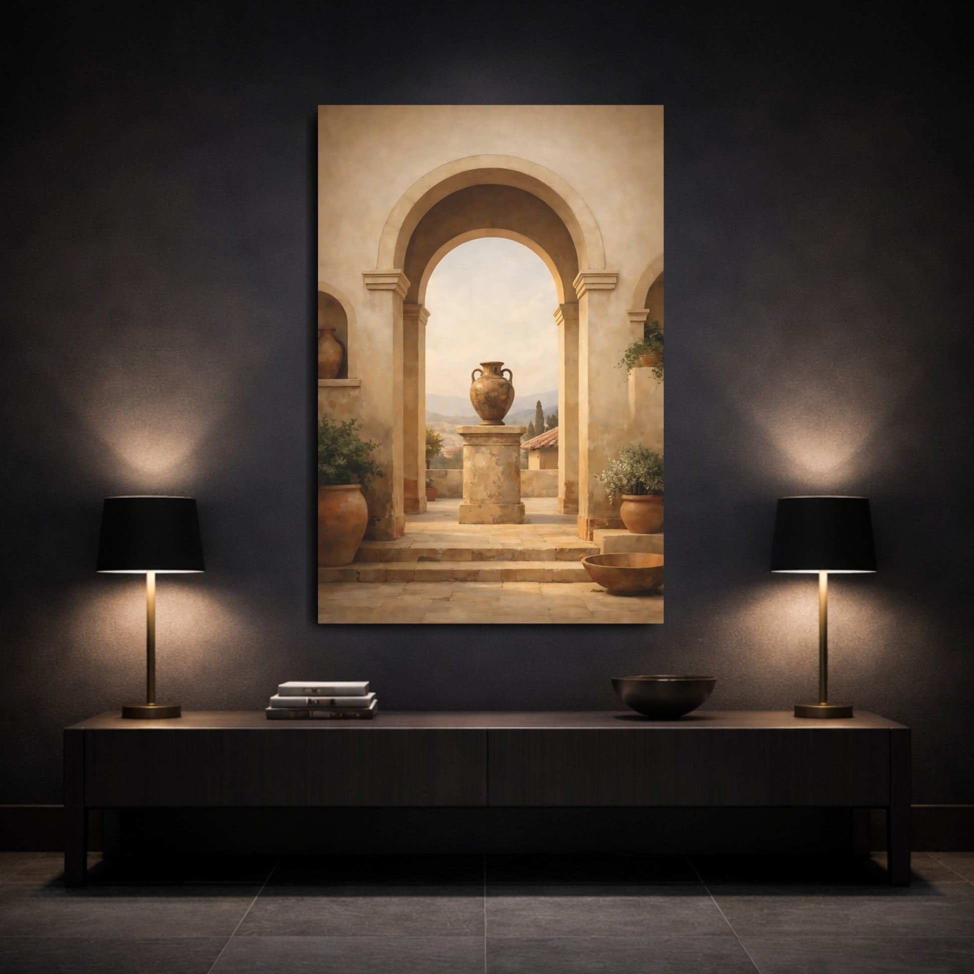 Vintage Ornate Urn Mediterranean Archway shown as front canvas room wall art