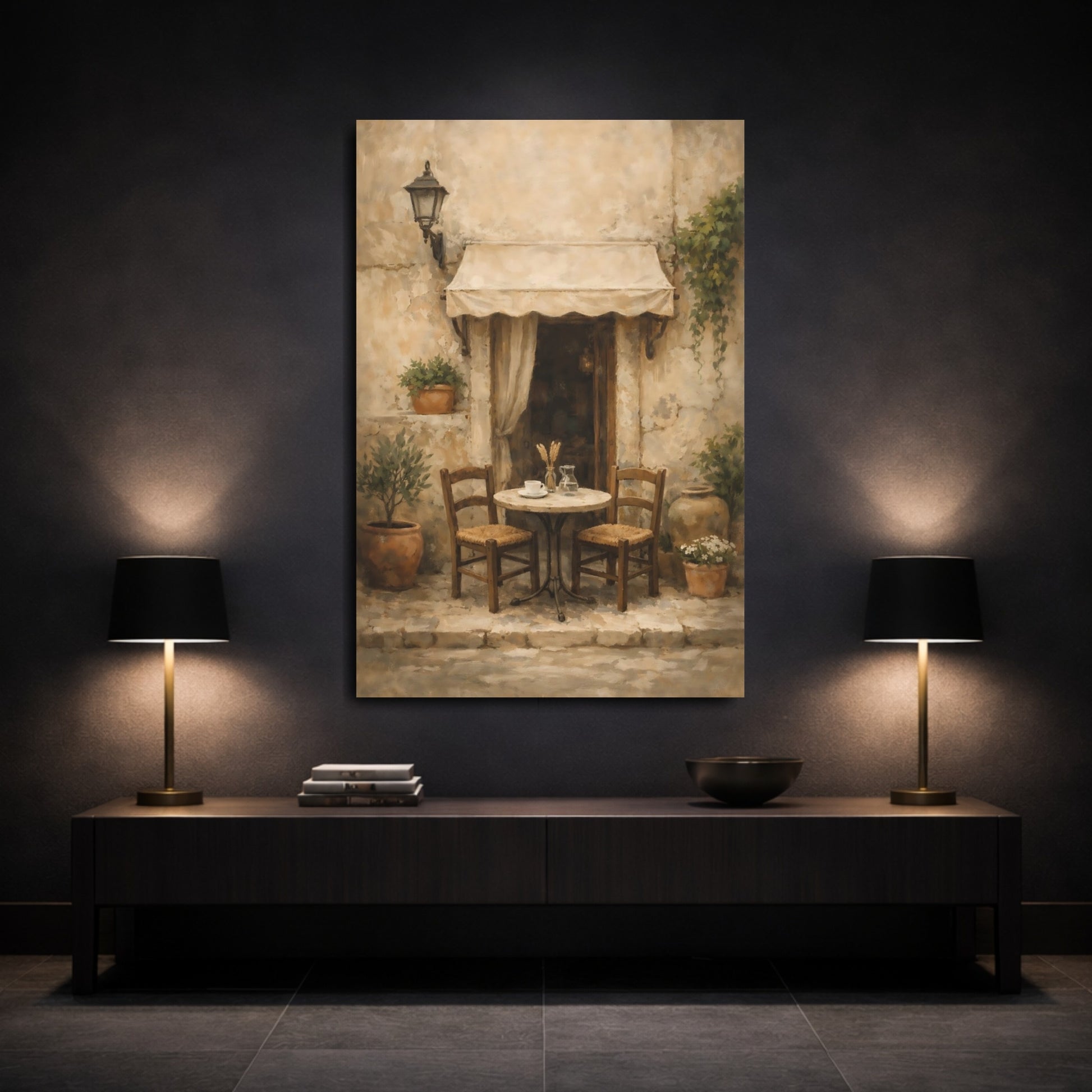 Mockup 2. Vintage Outdoor Cafe Rustic Cafe shown as stretched canvas wall art
