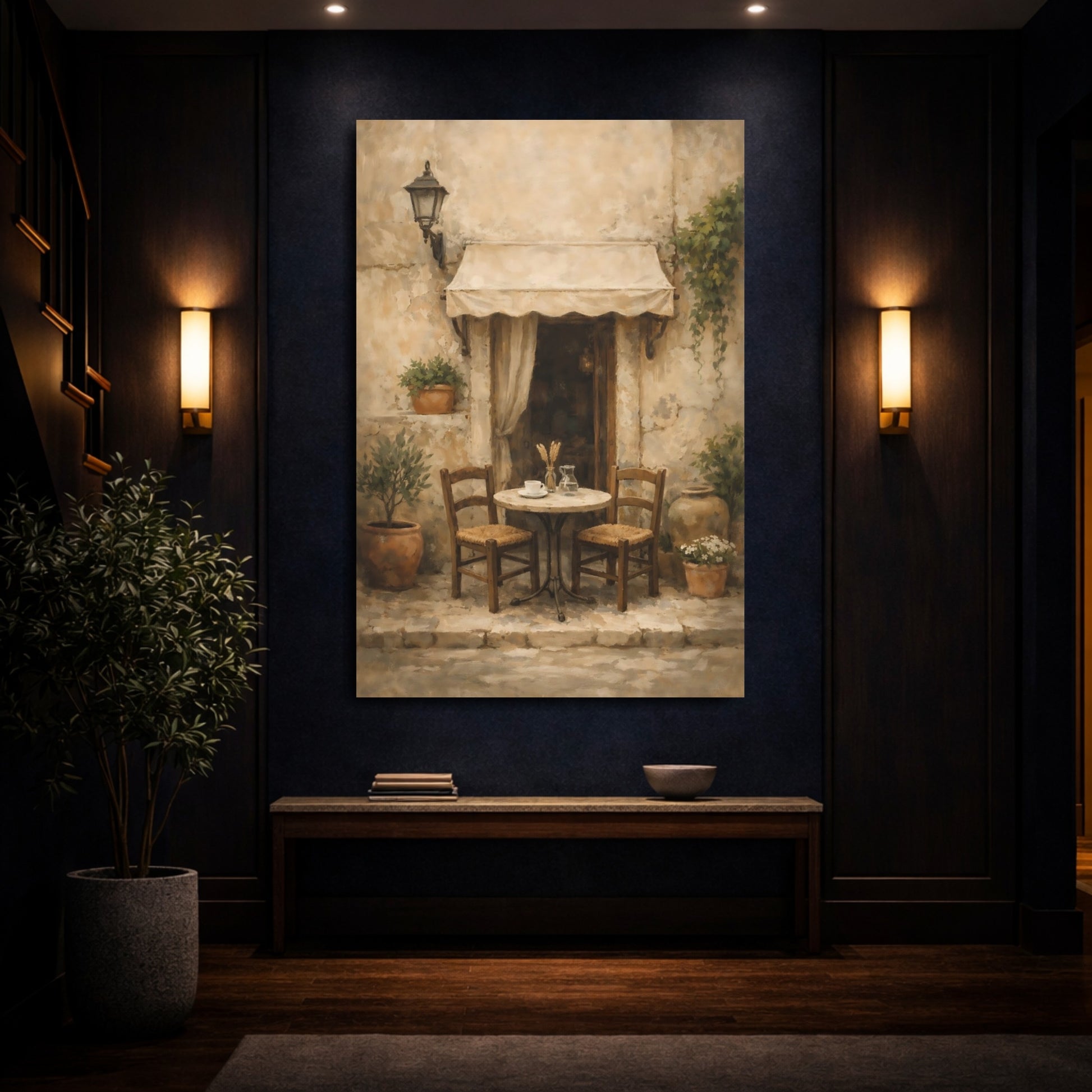 Mockup 3. Vintage Outdoor Cafe Rustic Cafe shown as stretched canvas wall art
