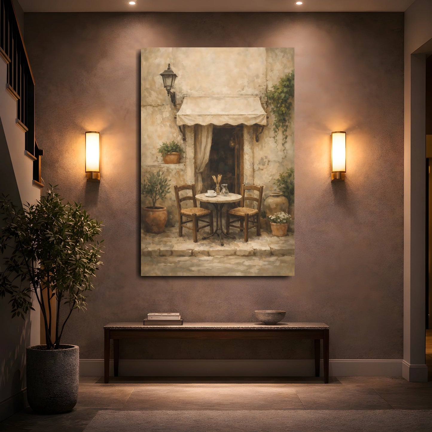 Mockup 4. Vintage Outdoor Cafe Rustic Cafe shown as stretched canvas wall art